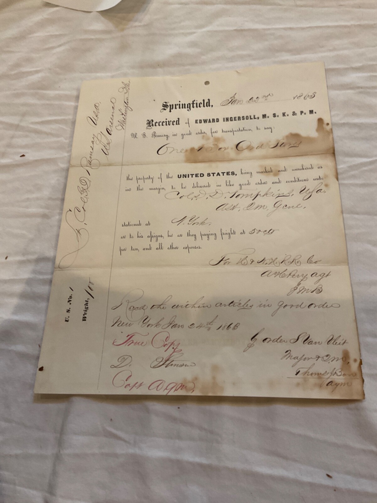 968A SPRINGFIELD ARMORY ORDNANCE LETTER To EDWARD INGERSOLL. CIVIL EAR