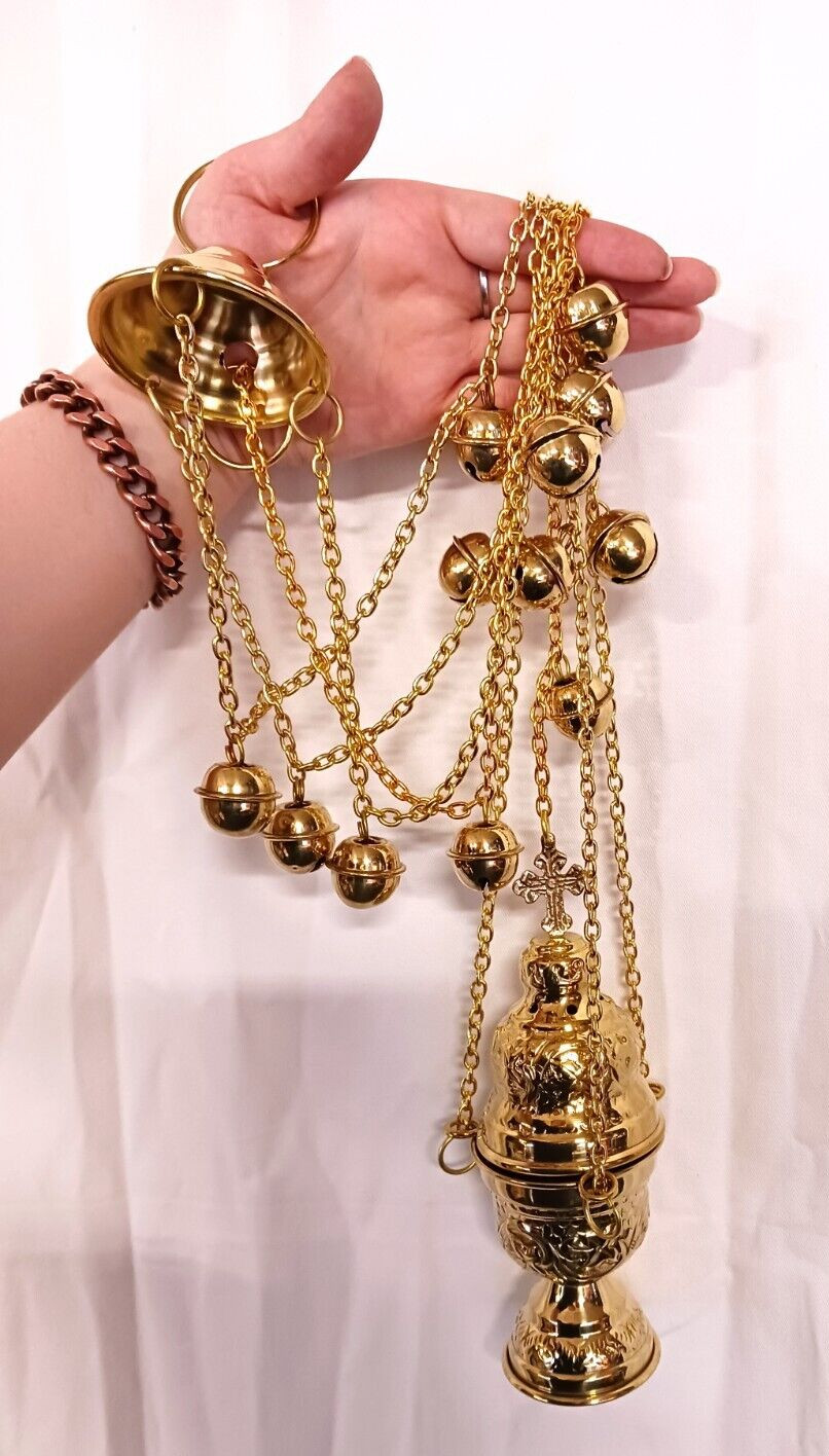 High Polished Brass Hanging Conical Incense Burner Censer With Bells 30 In High Polished Brass Hanging Conical Incense Burner Censer With Bells 30 In