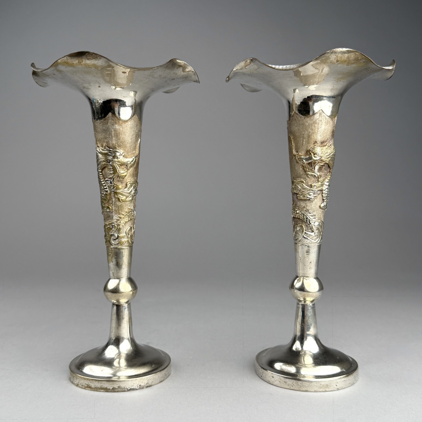 Pair Vintage Chinese Export Silver Plated Dragon Bud Vases Flared Ruffled Rim 8\ Pair Vintage Chinese Export Silver Plated Dragon Bud Vases Flared Ruffled Rim 8\
