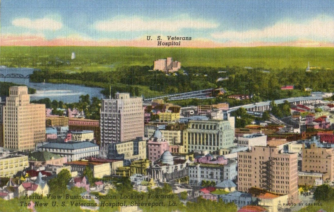 Shreveport Lousiana U.S. Veterans Hospital Downtown Aerial View c1940 Postcard