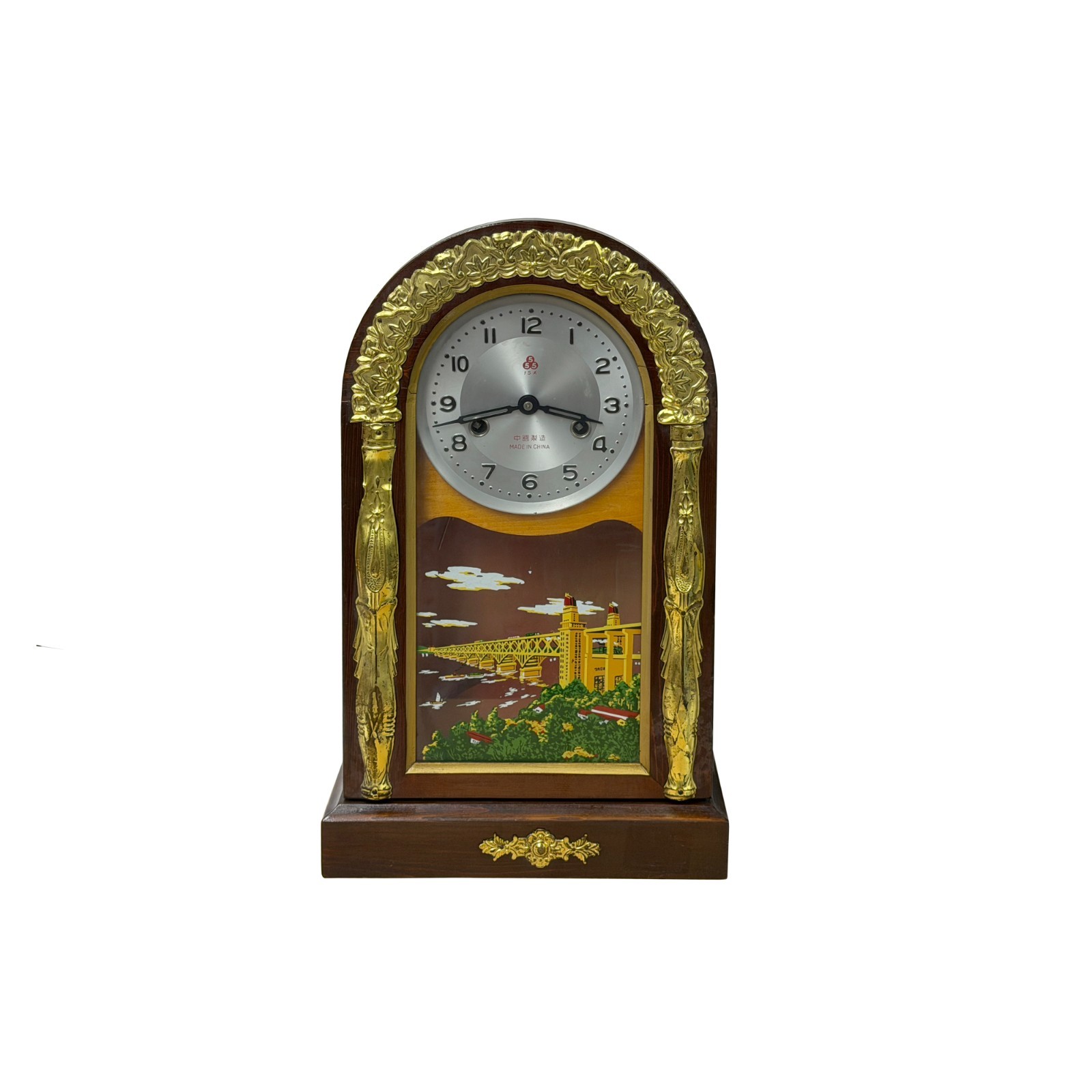 Oriental Vintage Arch Top Wood Mantel Color Scenery Graphic Display Clock GB866