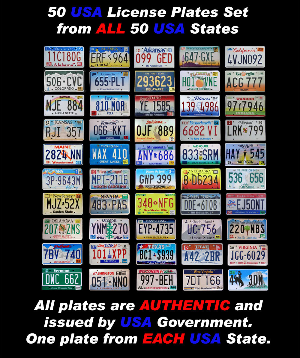 50 UNITED STATES LICENSE PLATES SET NUMBER TAG USA LOT + 1 BONUS GRAPHIC PLATE 50 UNITED STATES LICENSE PLATES SET NUMBER TAG USA LOT + 1 BONUS GRAPHIC PLATE