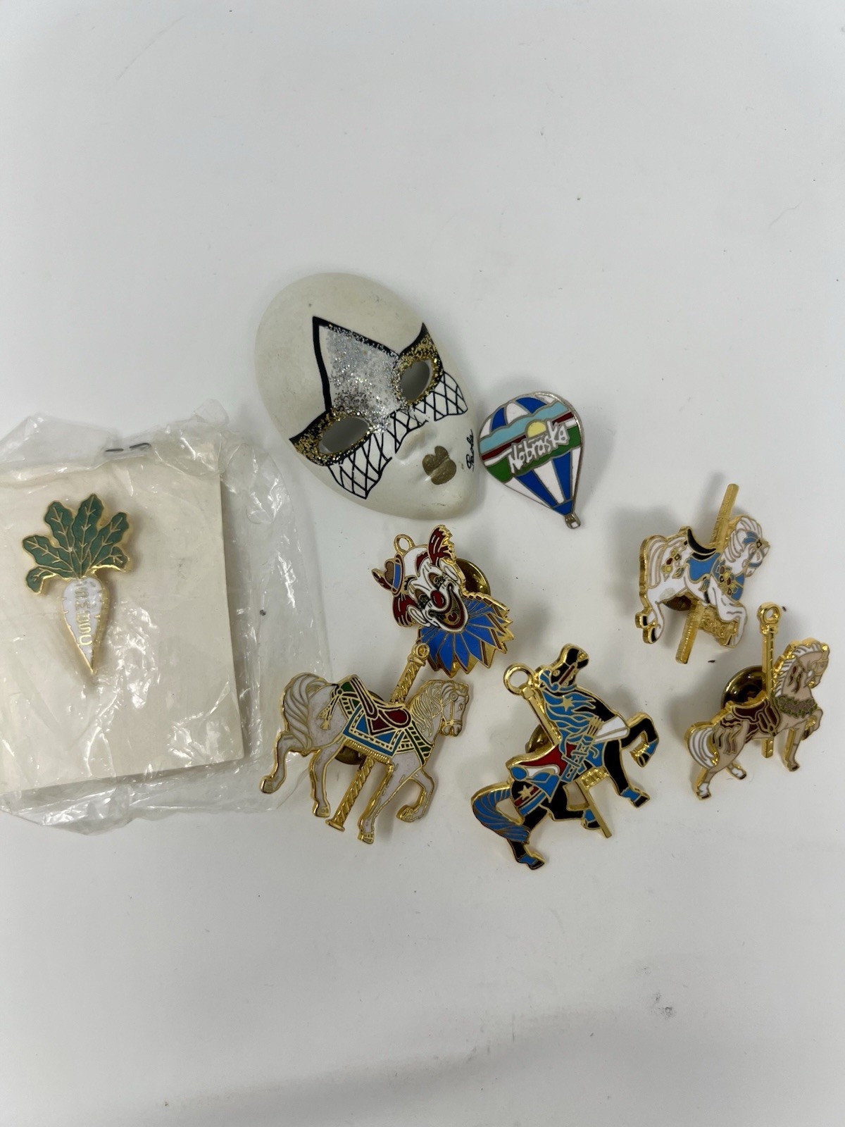 EUC Vintage Lot of 8 Enamel Pins Carousel Horse Clown Nebraska Balloon Mask Beet EUC Vintage Lot of 8 Enamel Pins Carousel Horse Clown Nebraska Balloon Mask Beet