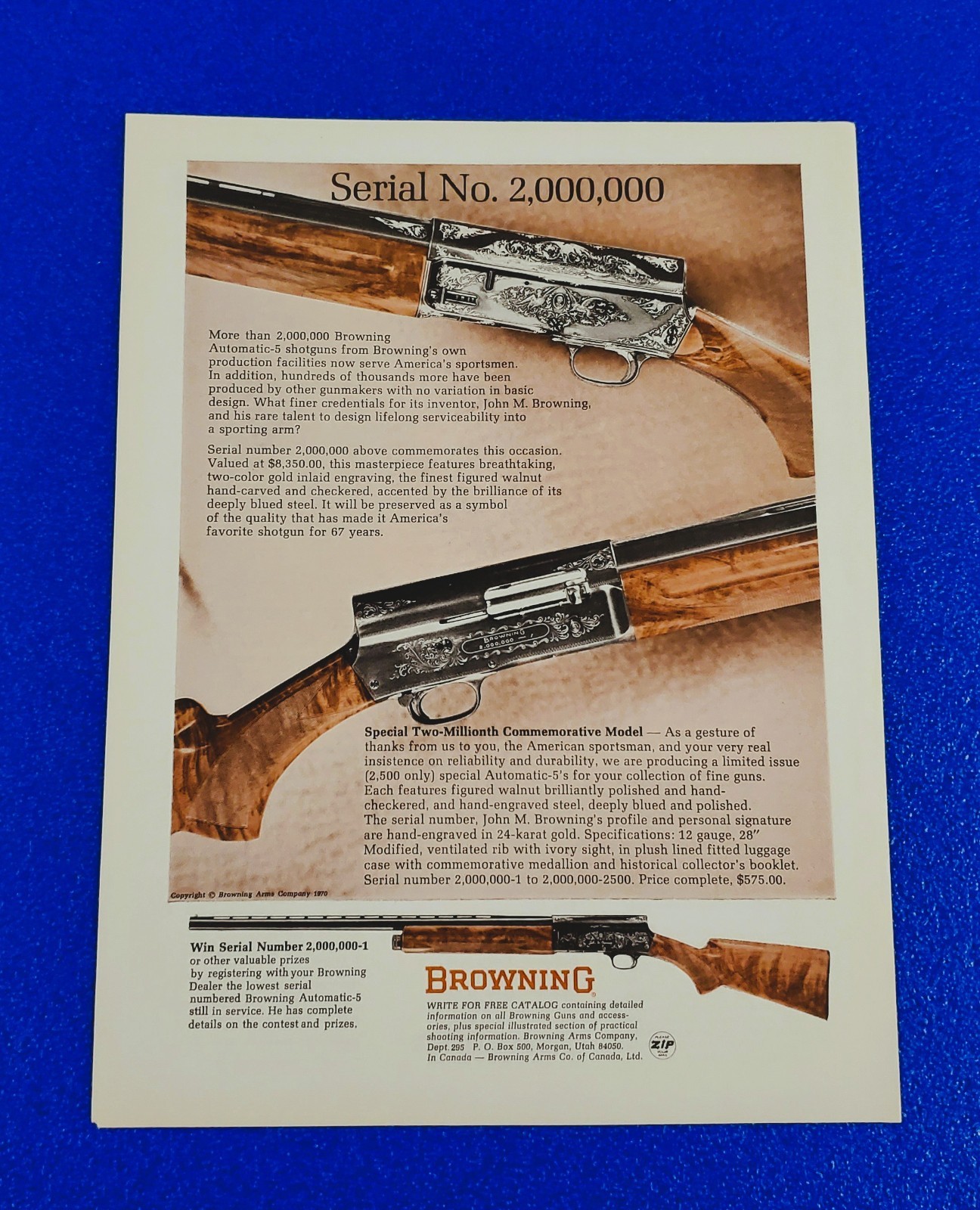 1970 Browning Automatic-5 Shotgun America's Finest Firearms Vintage Print Ad