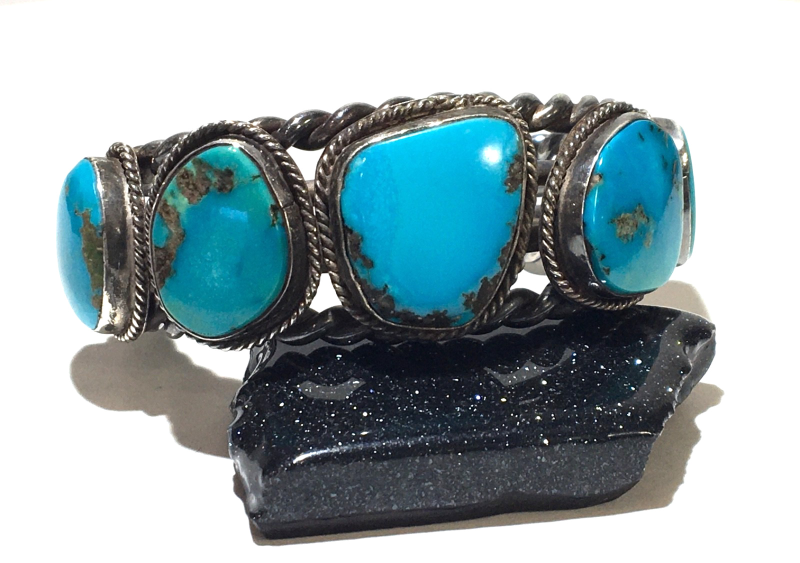 Vintage Navajo Native American Sterling Silver 5 Turquoise Cuff, 104g, 6.5\ Vintage Navajo Native American Sterling Silver 5 Turquoise Cuff, 104g, 6.5\
