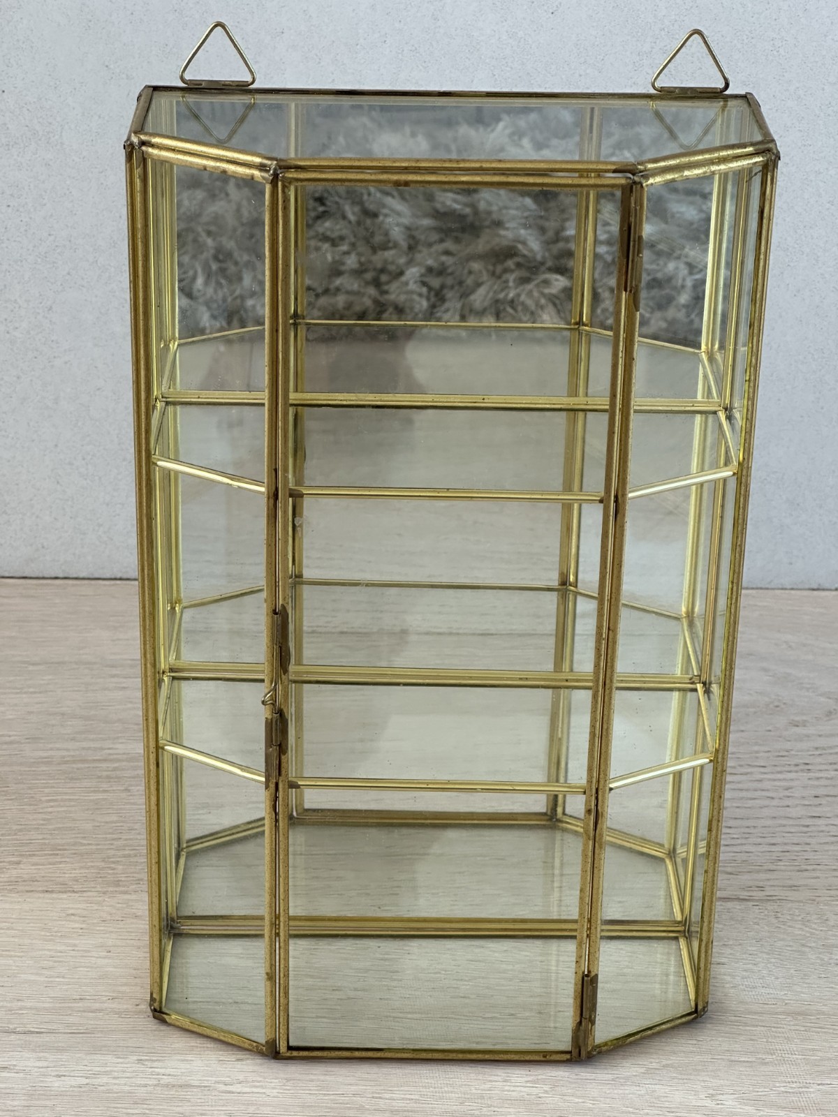 Vtg 11.5” Brass Glass Display Cabinet Octagon Curio Case Box Gold Mirror Back Vtg 11.5” Brass Glass Display Cabinet Octagon Curio Case Box Gold Mirror Back