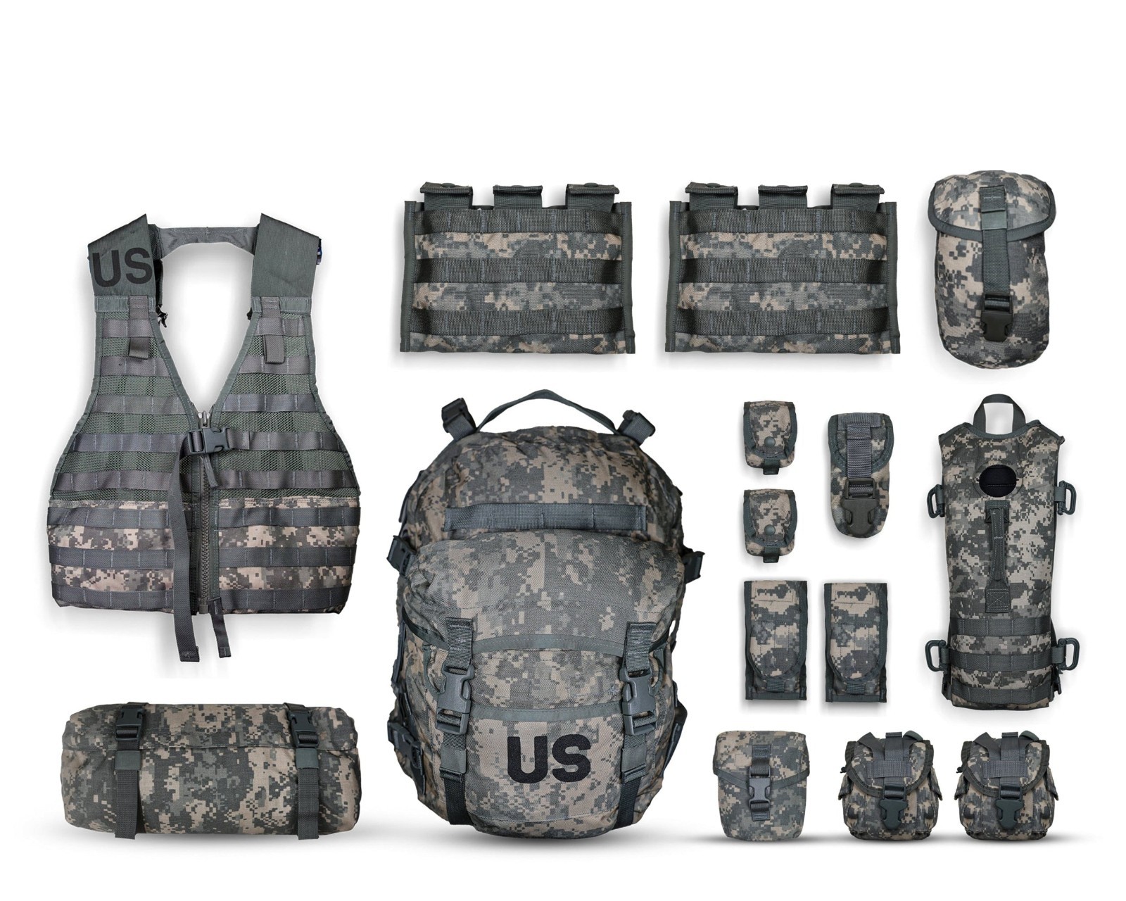 DAMAGED US Army Rifleman Set System ACU UCP Camo Assault Pack Pouches Vest