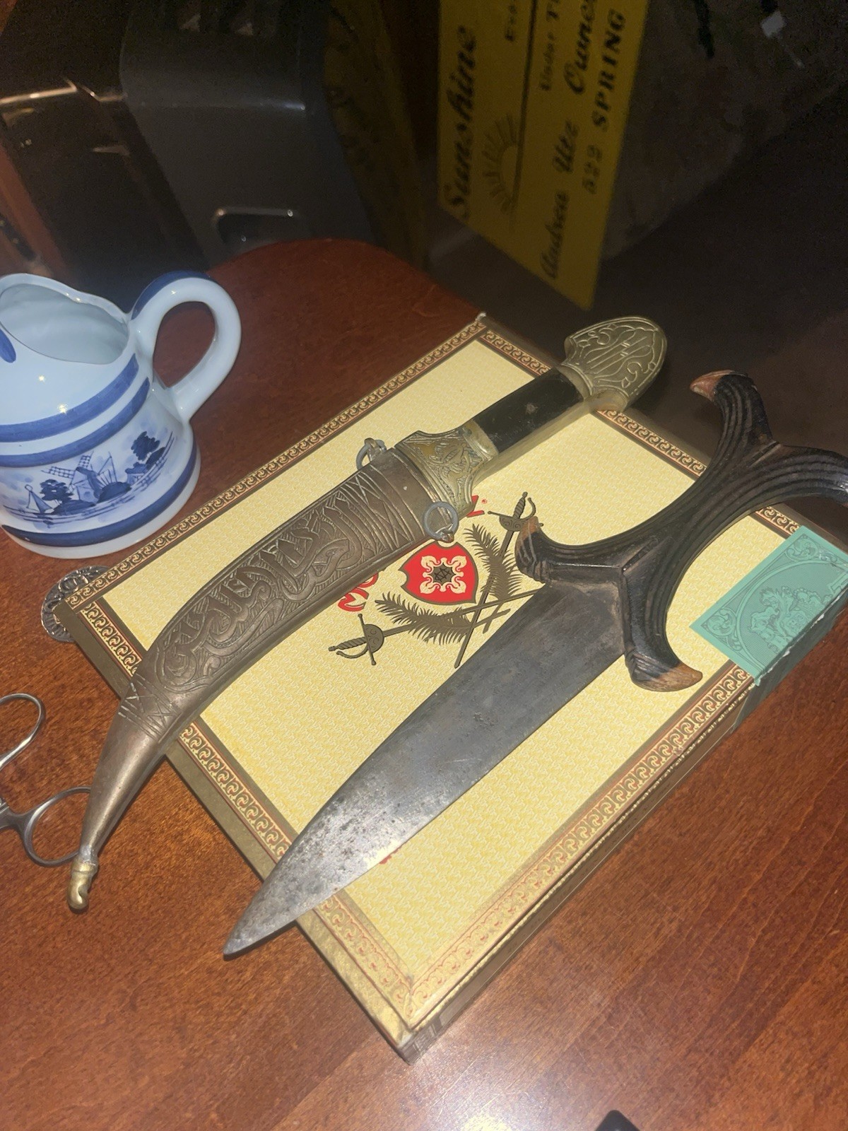 Vintage Pair Moroccan Daggers - Brass Koummya & Wood Janwi Display Knives Vintage Pair Moroccan Daggers - Brass Koummya & Wood Janwi Display Knives