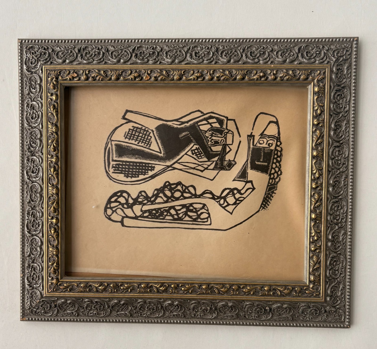 Vintage Mid-Century Cubist Ink Drawing - Ornate Gold Frame Estate Find Vintage Mid-Century Cubist Ink Drawing - Ornate Gold Frame Estate Find