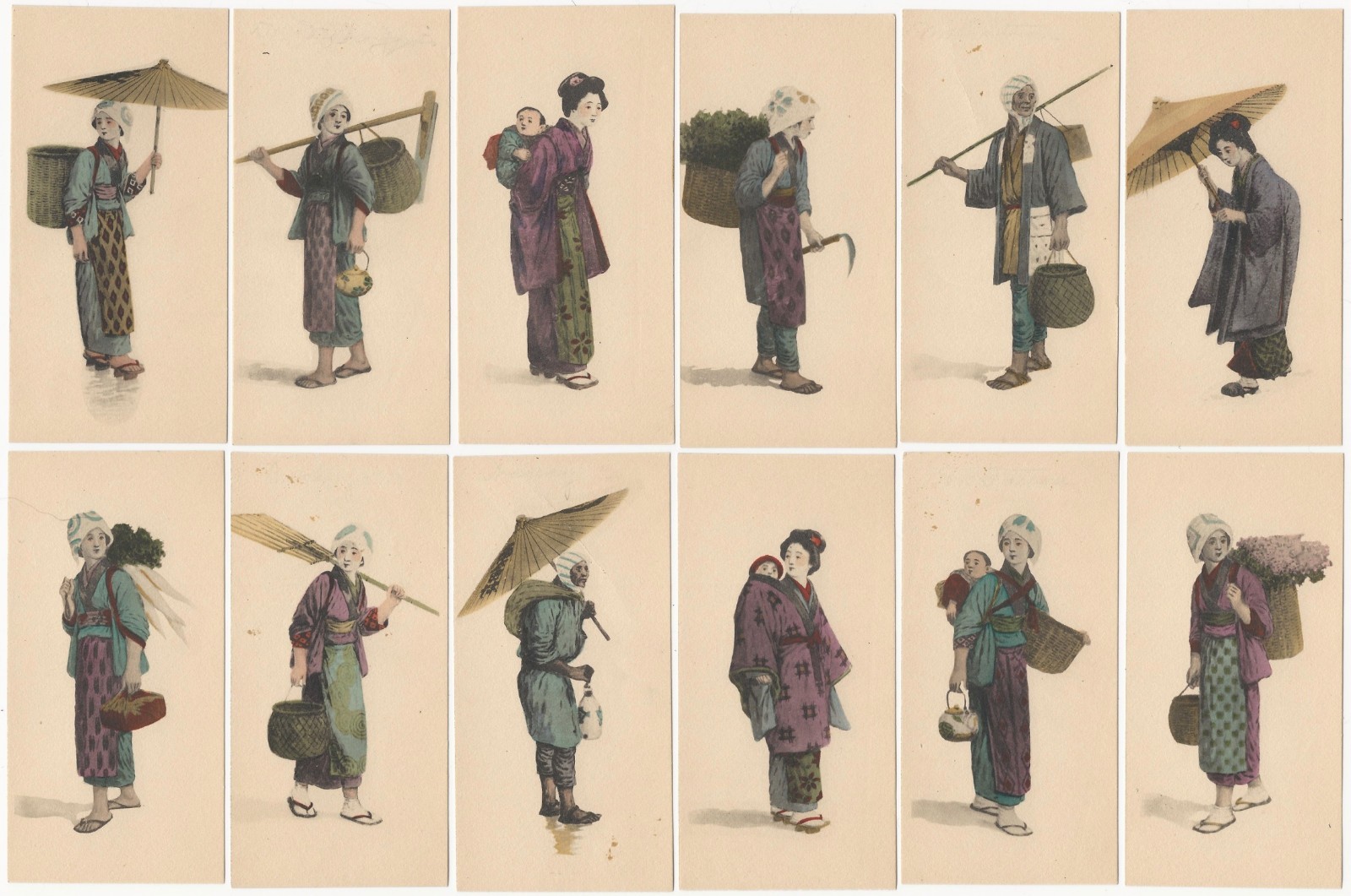People / Costumes of Japan - 12 Pictures’ Small Color Print Set Japanese Figures