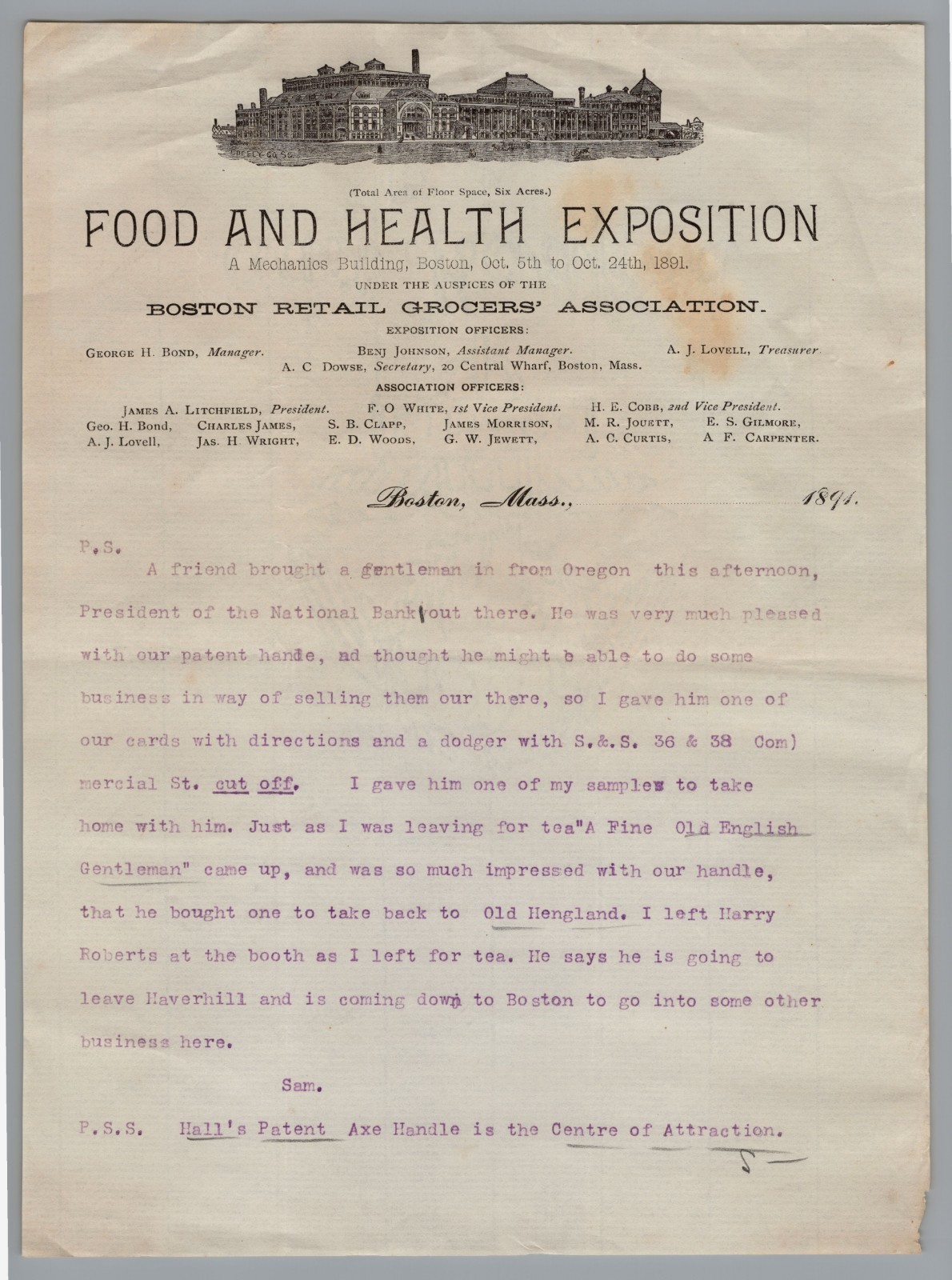 1891 Letter Food and Health Exposition Boston, Mass. Regarding Sales 1891 Letter Food and Health Exposition Boston, Mass. Regarding Sales
