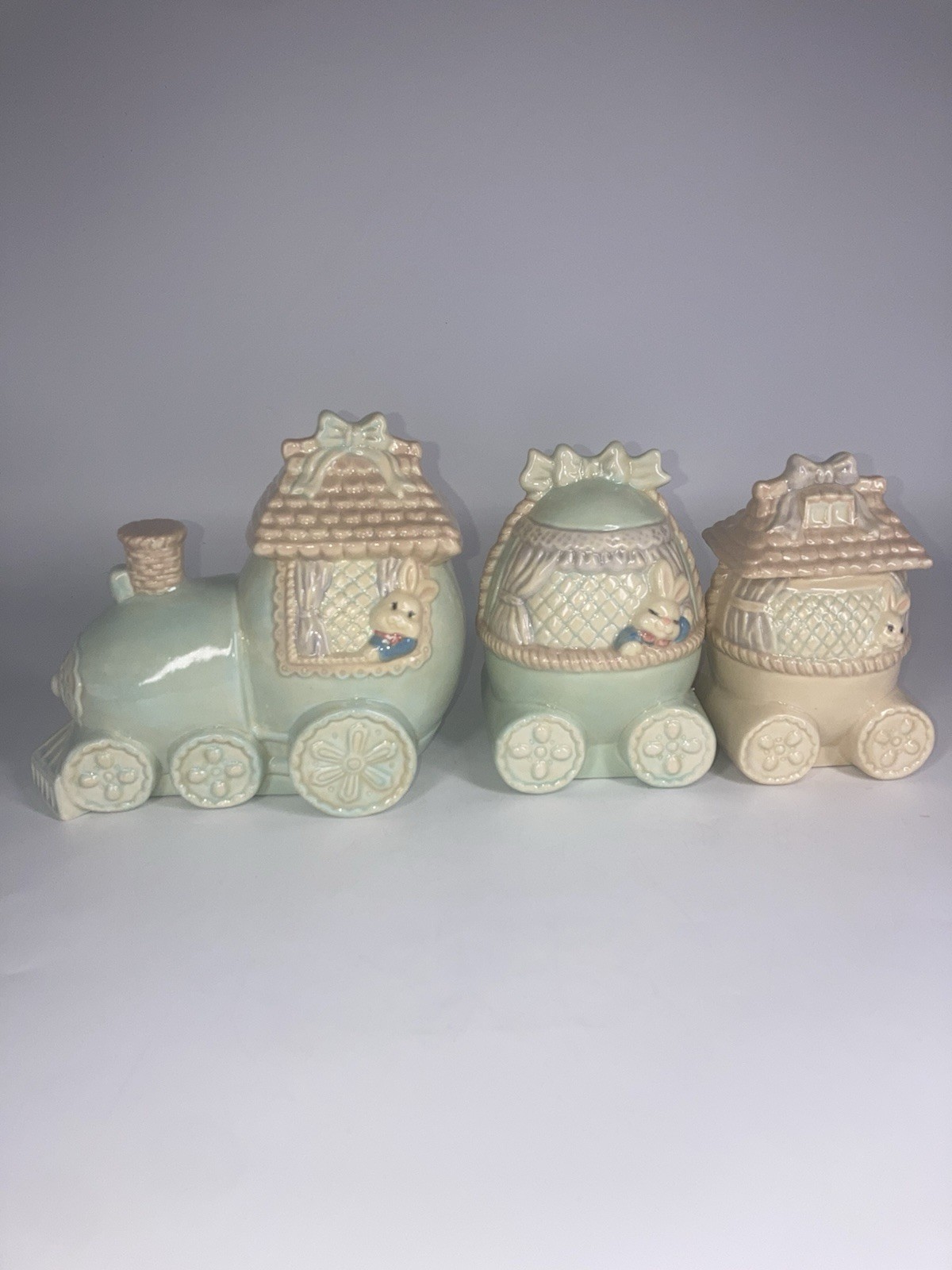 Vintage Heavy Well Made Ceramic Easter Bunny Train 3 PCs Beautiful Signed Vintage Heavy Well Made Ceramic Easter Bunny Train 3 PCs Beautiful Signed
