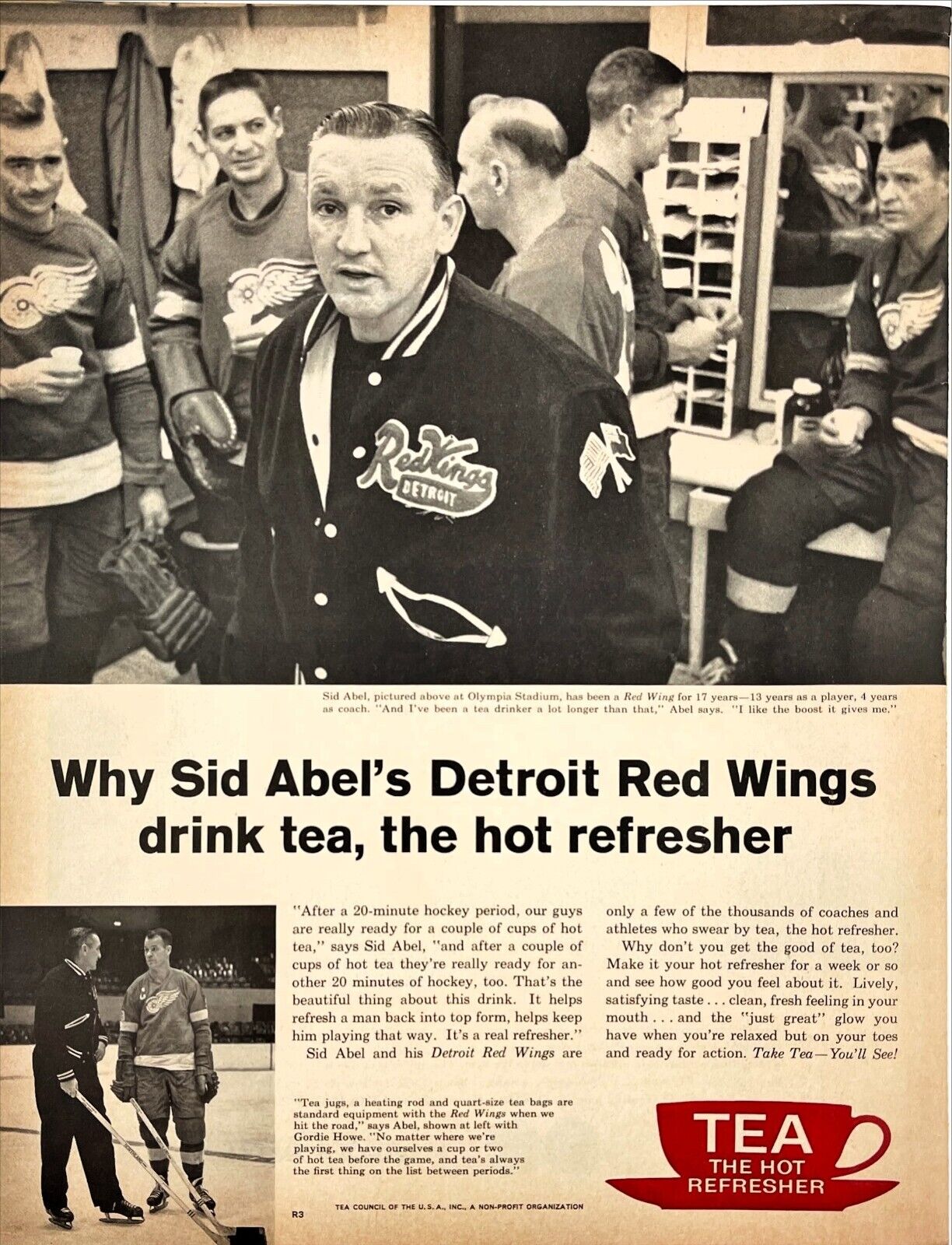 Sid Abel Gordie Howe Detroit Red Wings Olympia Hockey Stadium Tea Vtg Print Ad