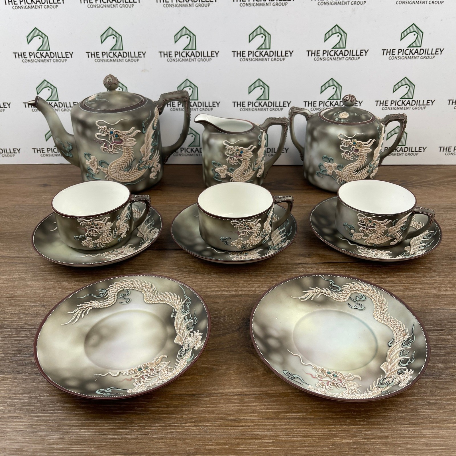 Nippon Hand Painted Moriage Dragon Porcelain Tea Set 11 Pieces Green M Mark