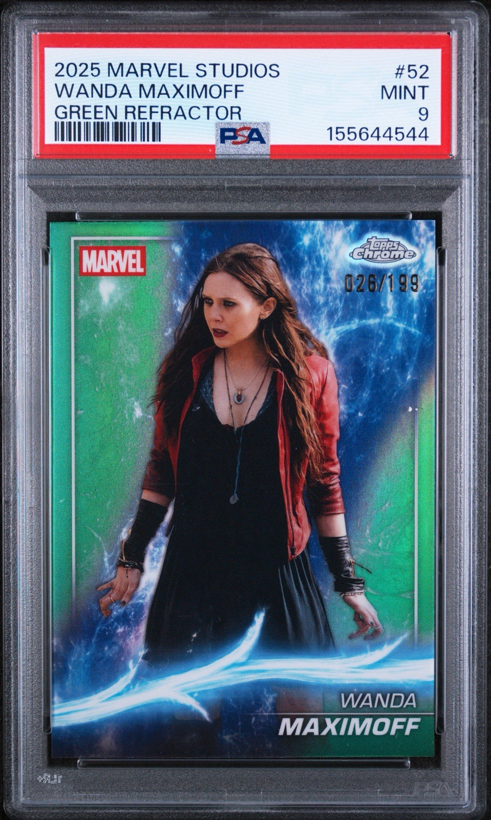 Topps 2025 Marvel Studios Wanda Maximoff Green Refractor #52 PSA 9 026/199 Topps 2025 Marvel Studios Wanda Maximoff Green Refractor #52 PSA 9 026/199