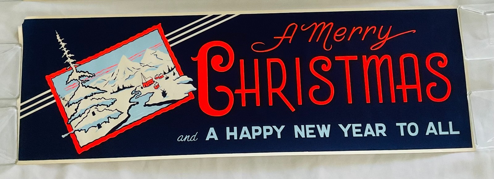 Vintage 1950s 60s Merry Christmas Happy New Year Poster Ski Store Display 34x11 Vintage 1950s 60s Merry Christmas Happy New Year Poster Ski Store Display 34x11