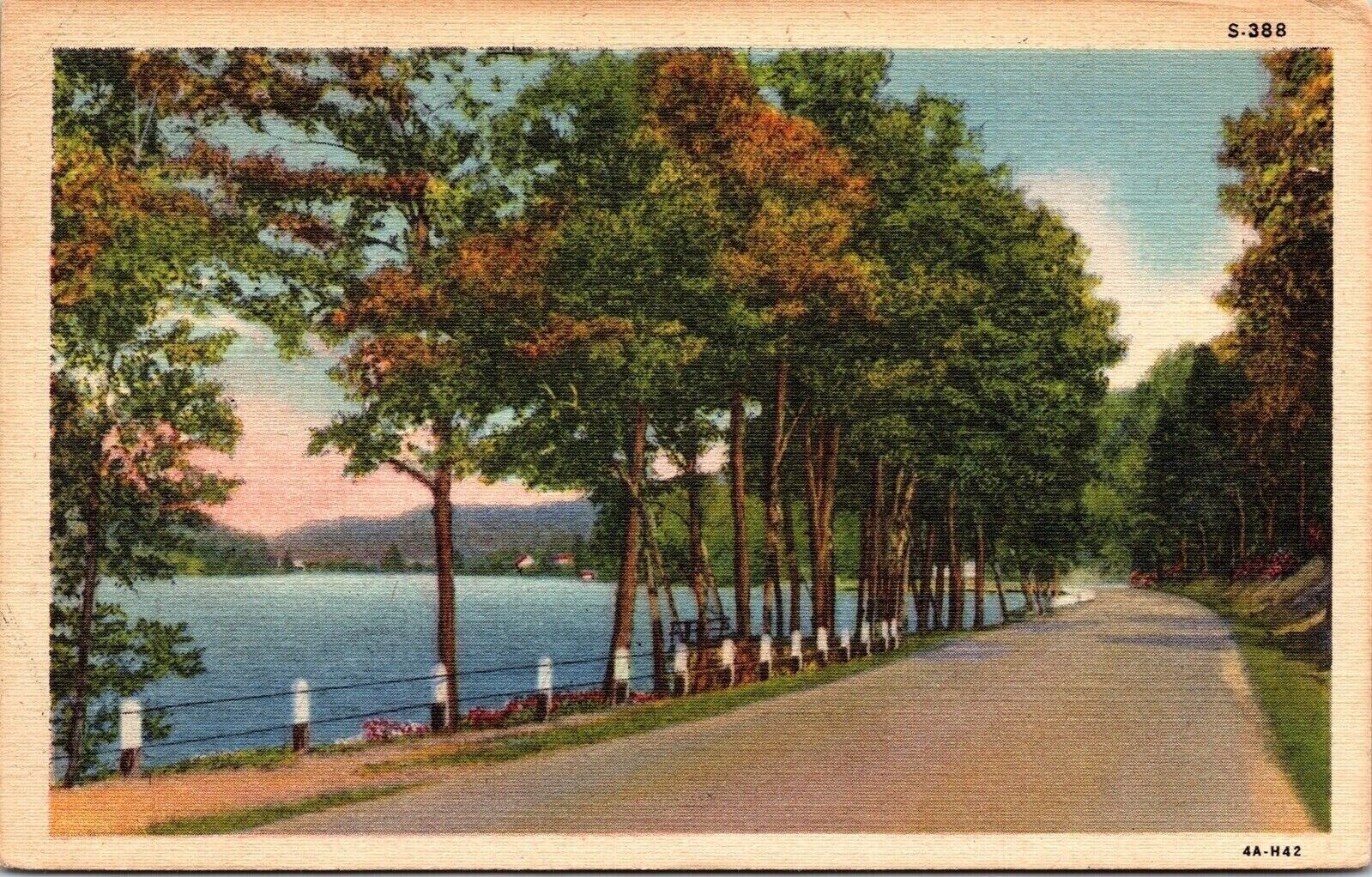 Lake Mountains Old Country Rd Linen Postcard PM Poynette WI Cancel WOB Note VTG Lake Mountains Old Country Rd Linen Postcard PM Poynette WI Cancel WOB Note VTG