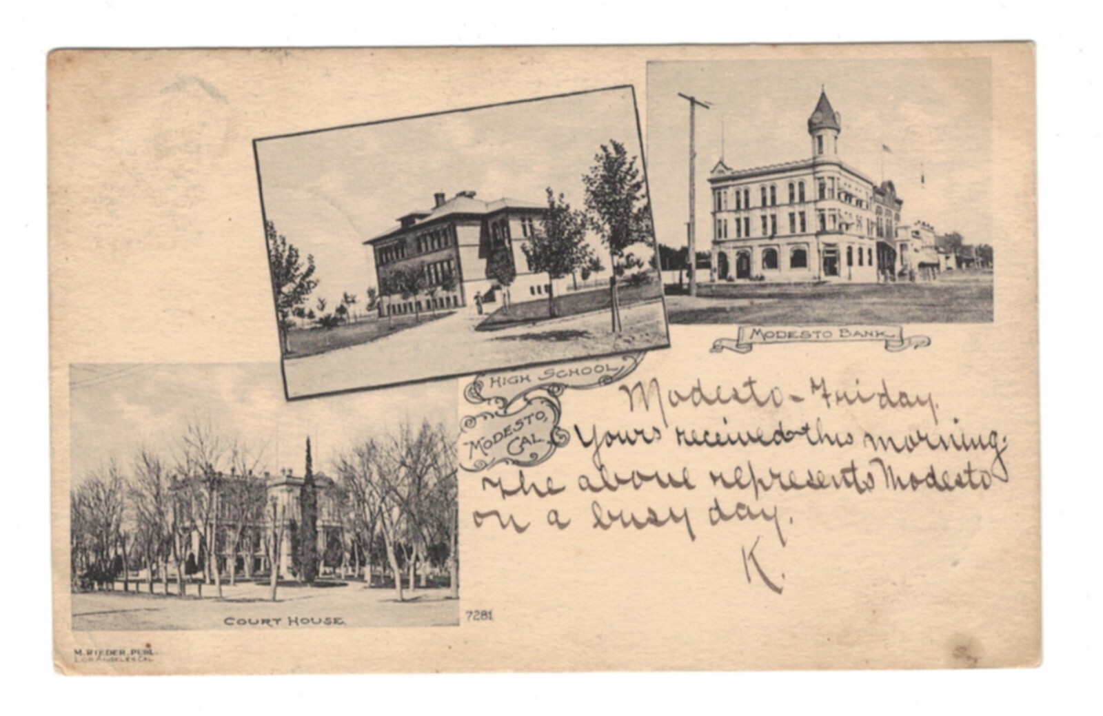 USA - California - Modesto, Bank, High school & Court house 1905 pc