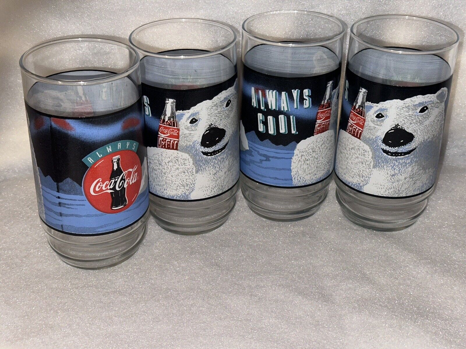 Lot of 4 Vintage 1997 Coca Cola Polar Bear Drinking Glasses & Always Cool