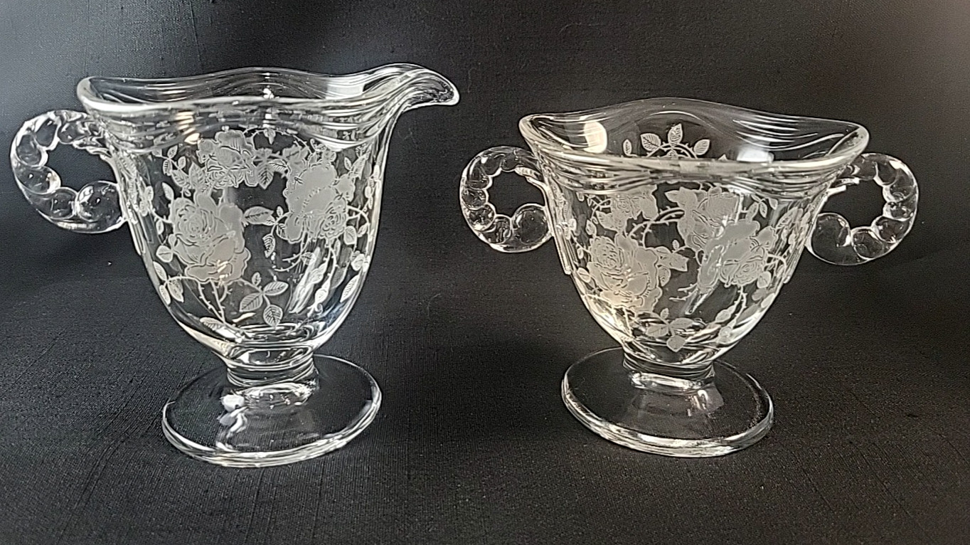 Vtg Fostoria Glass Willowmere Coronet Blank Creamer/Sugar Bowl Set Etched Roses Vtg Fostoria Glass Willowmere Coronet Blank Creamer/Sugar Bowl Set Etched Roses