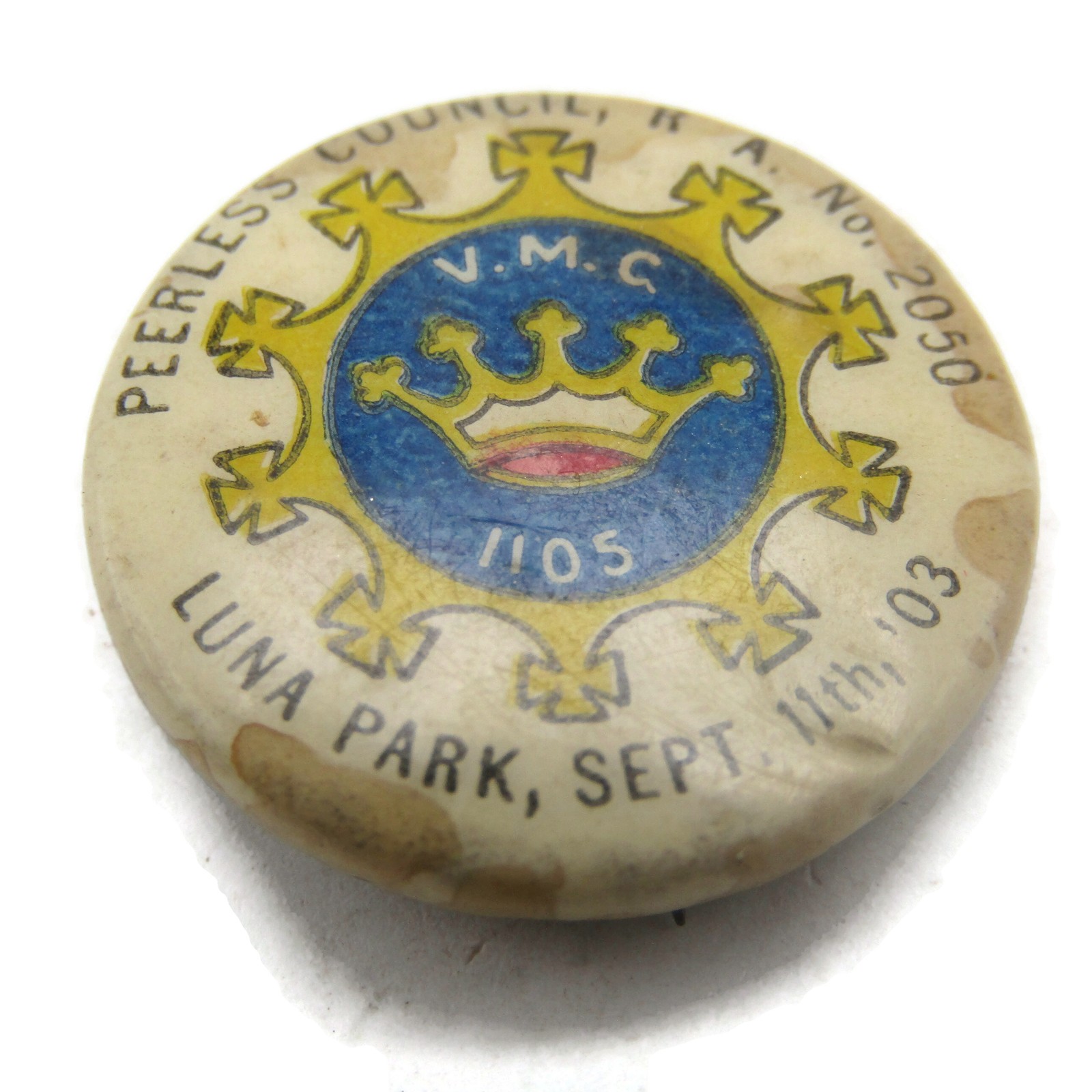 Vintage 1903 Peerless Council Luna Park Fraternal Celluloid Pin Vintage 1903 Peerless Council Luna Park Fraternal Celluloid Pin