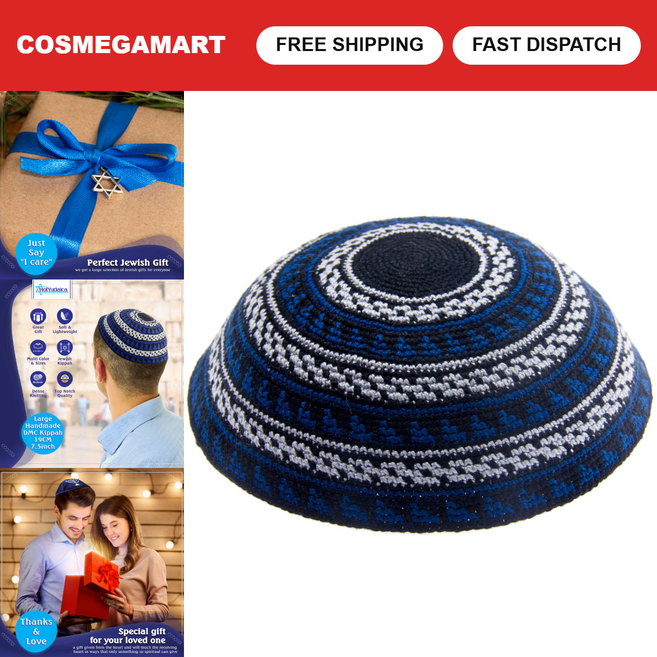 Handmade 100% Cotton Kippah Hat - Jewish Yarmulke for Men, Black & Blue, 19cm Handmade 100% Cotton Kippah Hat - Jewish Yarmulke for Men, Black & Blue, 19cm