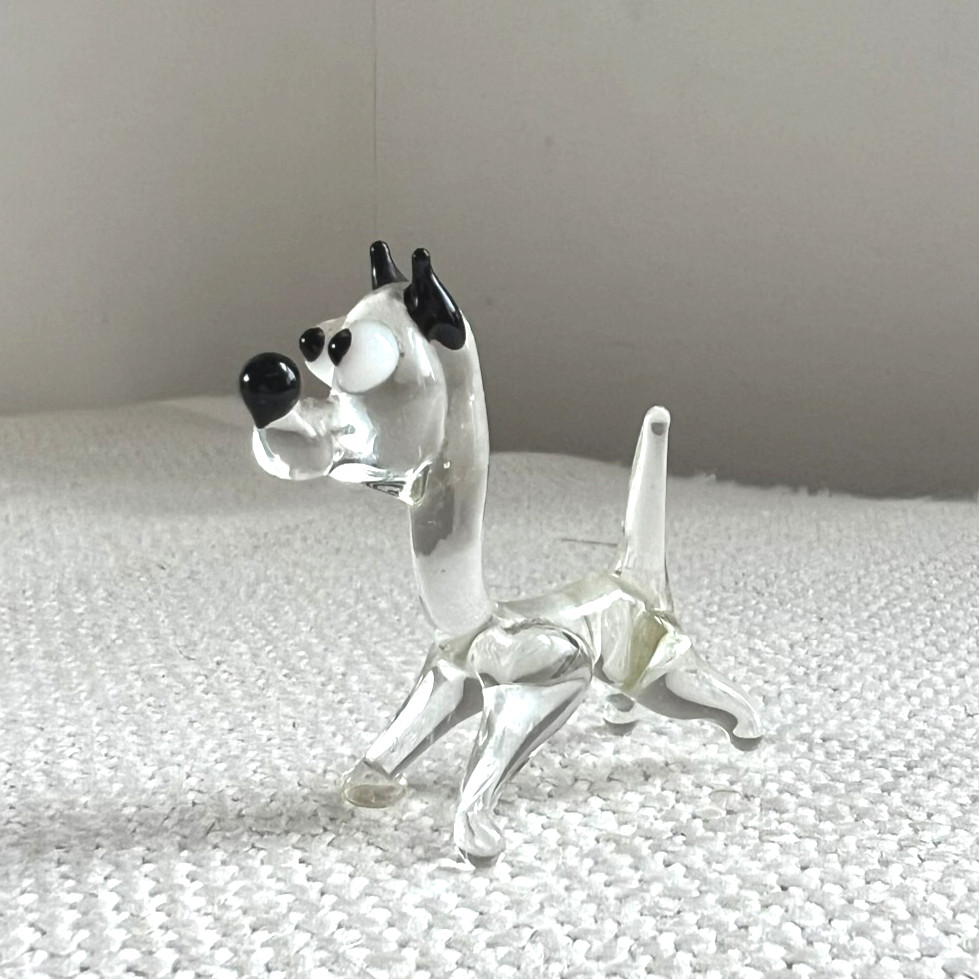 Vintage Hand Blown Art Glass Dog Figurine, Mini Clear Glass Black Eyes Nose Ears
