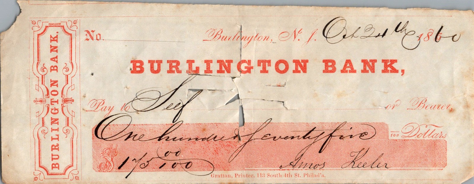1860 Burlington NJ Bank Check Amos Keeler Obsolete Grattan Phila Antebellum 1860 Burlington NJ Bank Check Amos Keeler Obsolete Grattan Phila Antebellum
