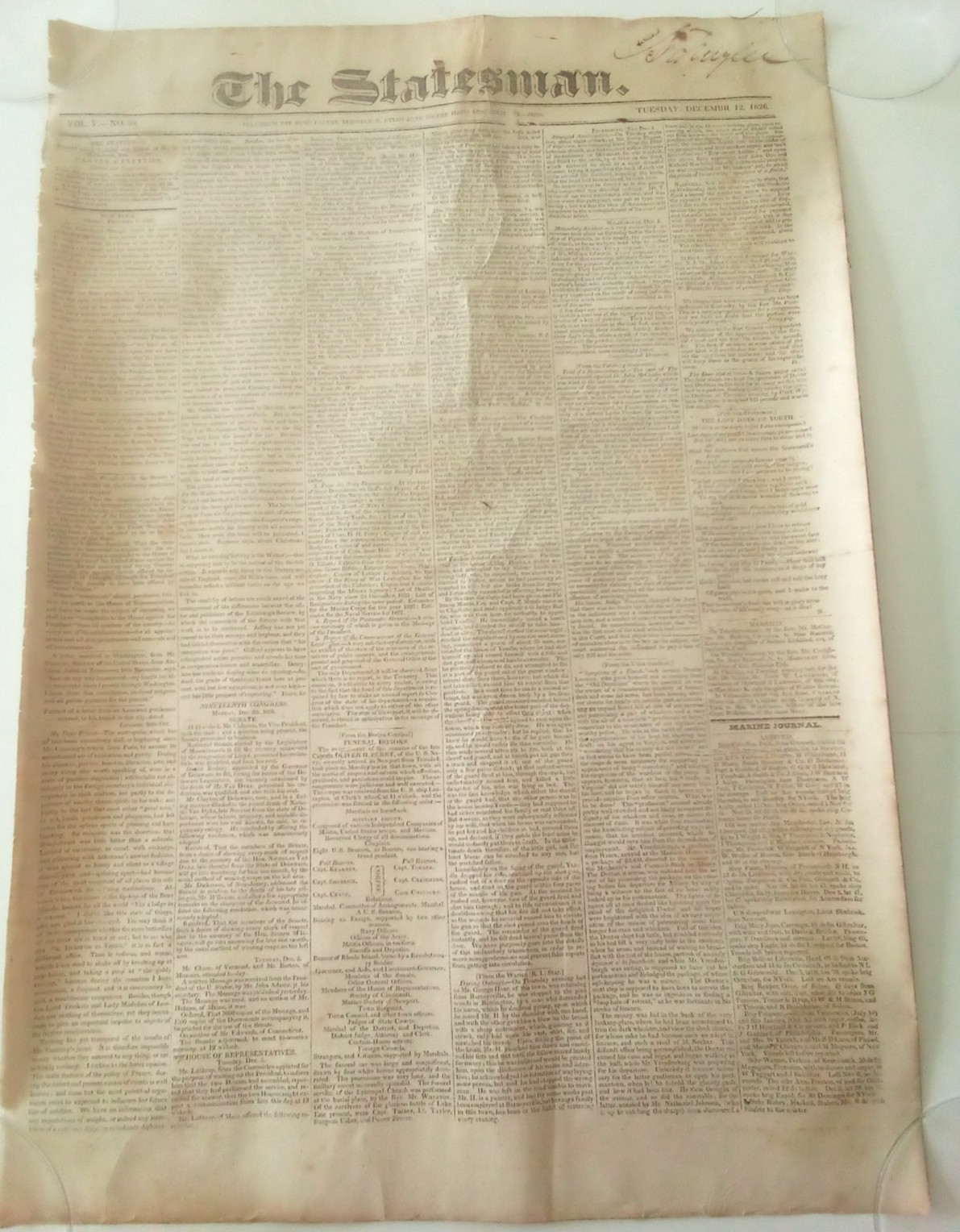 Antique THE STATESMAN  December 12, 1826 RARE NEWSPAPER Vol. 5 No 98
