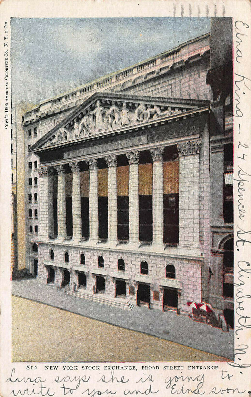 New York Stock Exchange, Broad Street Entrance, Early Postcard, Used in 1905