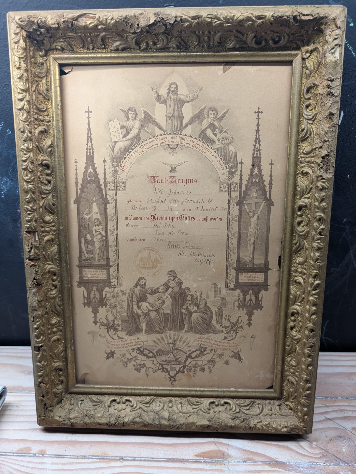 Antique 1899 German Baptism Certificate Framed Religious Print Victorian