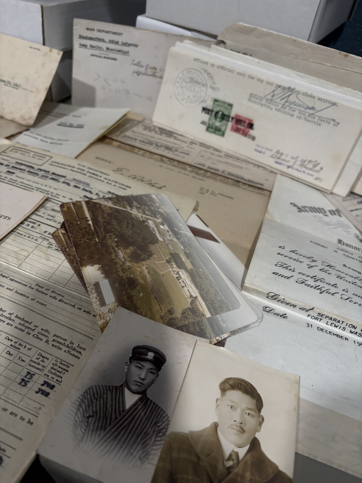 military ephemera stocks, birth certs, stamps, receipt, photo, award, LARGE LOT