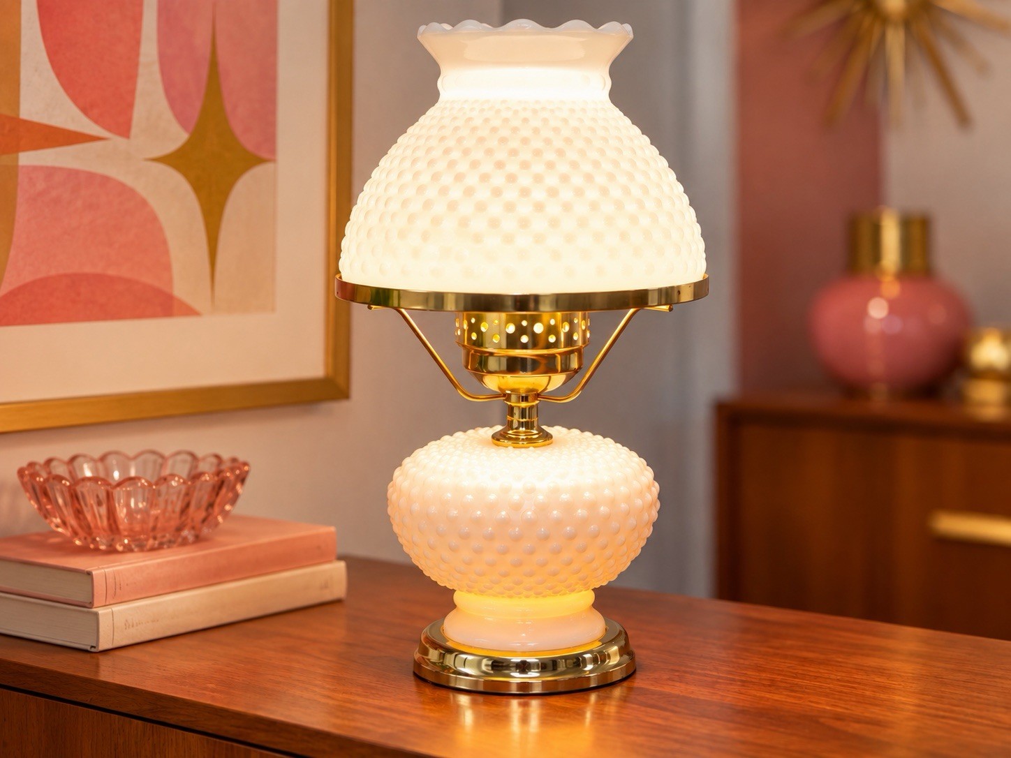 Vintage J Schrader Gone With the Wind Milk Glass Hobnail Lamp 15.5 in Vintage J Schrader Gone With the Wind Milk Glass Hobnail Lamp 15.5 in