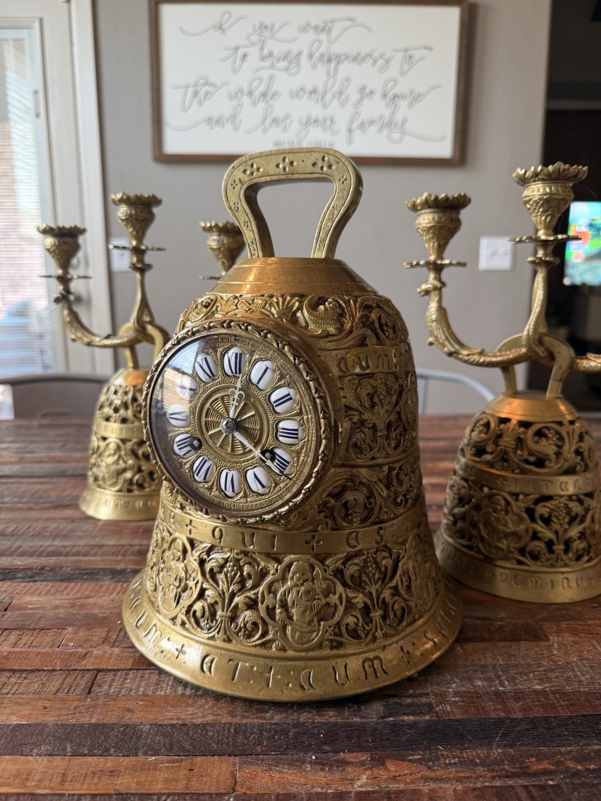 Antique French Bronze Bell Clock Garniture Set Candelabra 8-Day Cathedral Gong Antique French Bronze Bell Clock Garniture Set Candelabra 8-Day Cathedral Gong