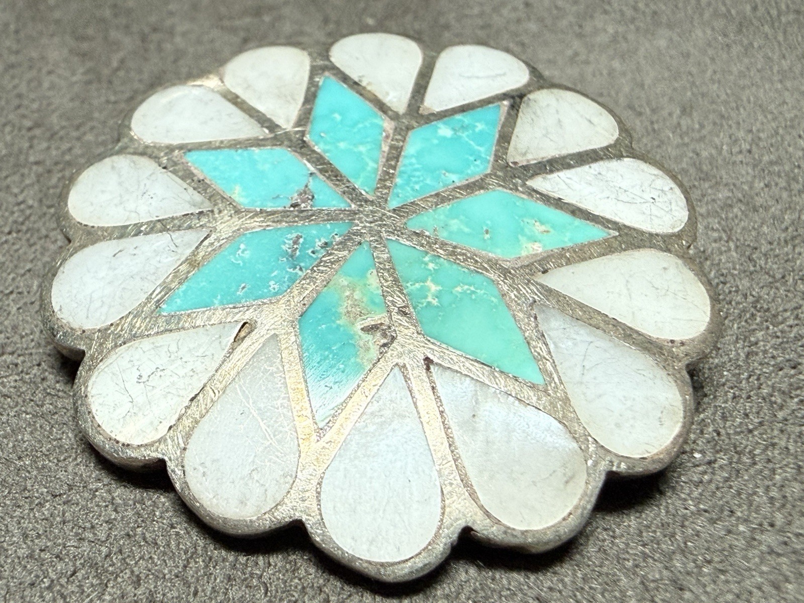 c1950\'s Vintage Zuni sterling silver turquoise mother of pearl inlay pin brooch c1950\'s Vintage Zuni sterling silver turquoise mother of pearl inlay pin brooch