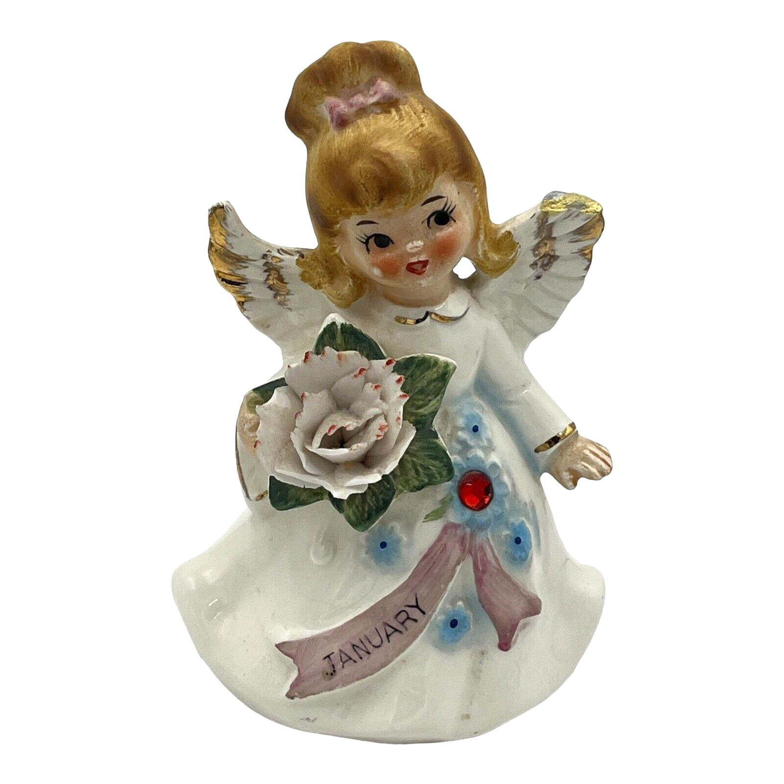 Vintage Antique MCM Lefton January Birthday Girl Angel Figure Carnation 6224