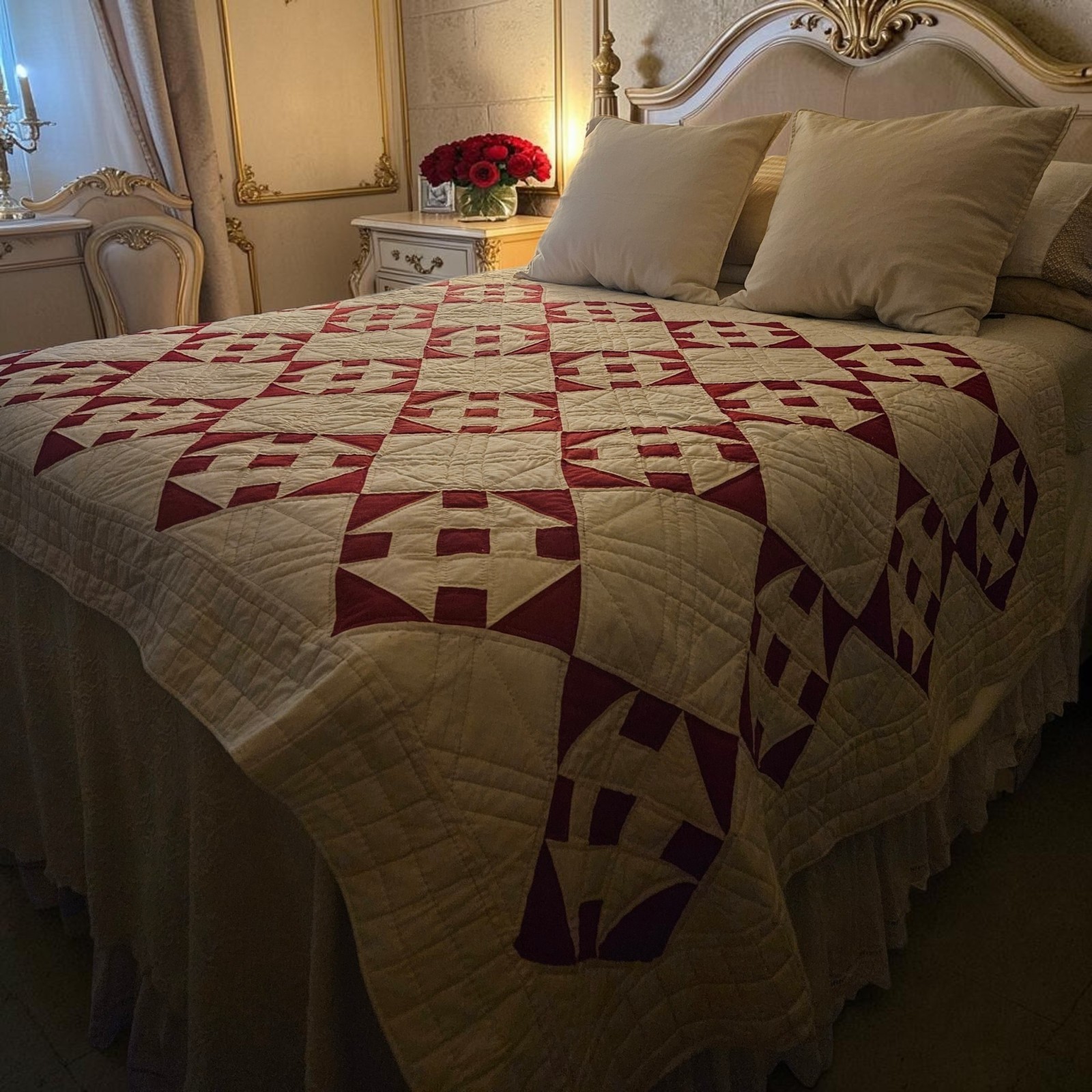 Vintage Quilt White & Red Jacob's Ladder Handstitched 1950's 62 Vintage Quilt White & Red Jacob's Ladder Handstitched 1950's 62