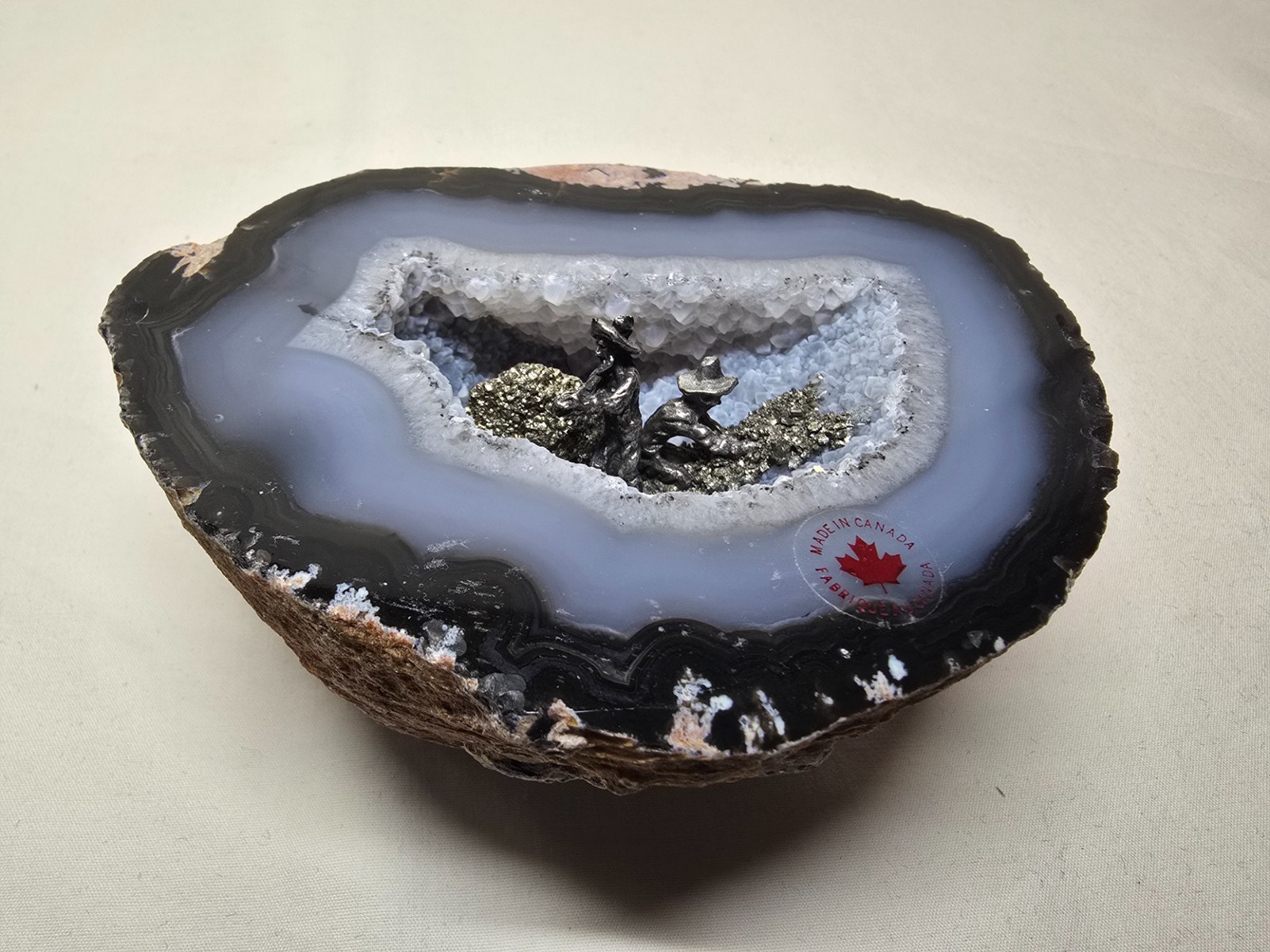 Vintage Canadian Pewter Gold Miners Diorama Quartz Geode Pyrite Fools Gold 3x5 Vintage Canadian Pewter Gold Miners Diorama Quartz Geode Pyrite Fools Gold 3x5