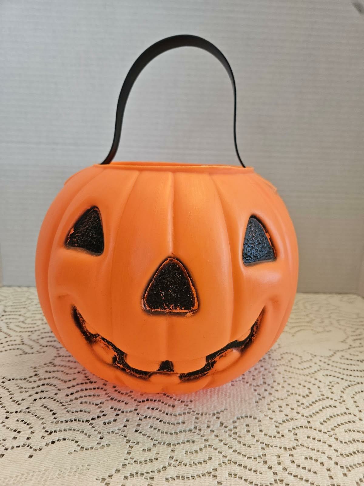 Vintage A.J. Renzi 2-Sided Halloween Blow Mold Pumpkin/Witch Candy Pail Bucket