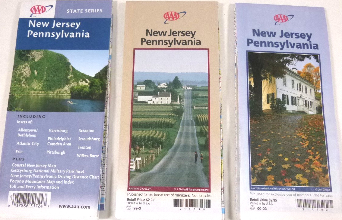 Vintage 1999-2001 AAA New Jersey & Pennsylvania Folding Maps-(3) Travel Maps Vintage 1999-2001 AAA New Jersey & Pennsylvania Folding Maps-(3) Travel Maps