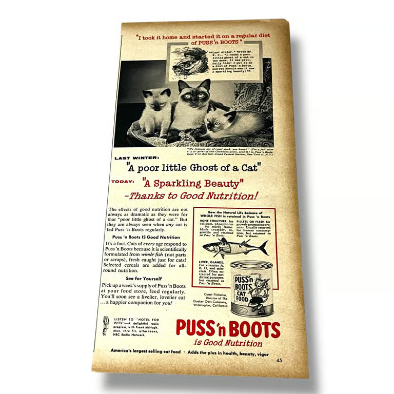 1956 Puss n Boots Cat Food A Poor Little Ghost Original Vintage Print Ad K