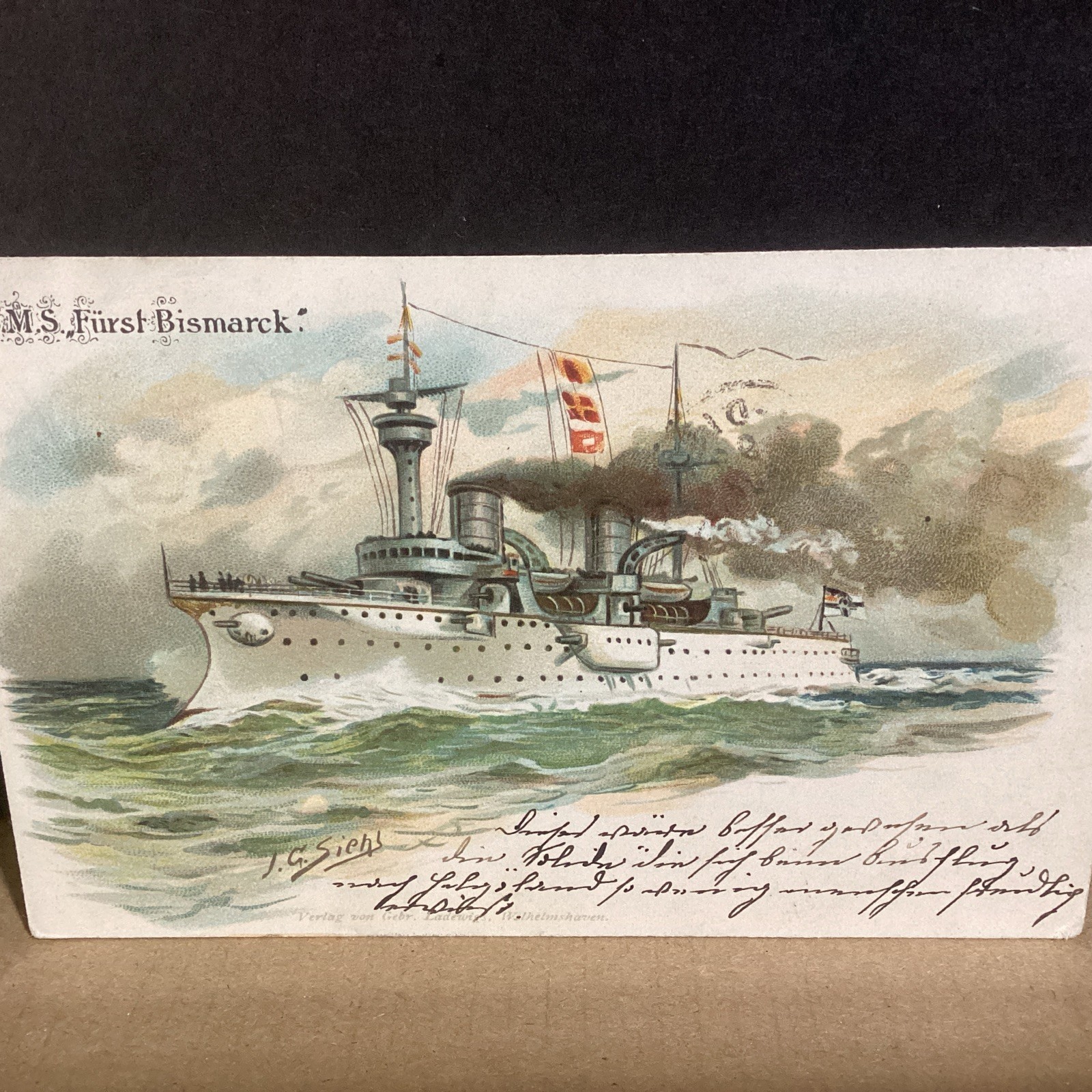 SMS Furst Bismark German Armored Cruiser c1899 Artist Signed Antique Postcard SMS Furst Bismark German Armored Cruiser c1899 Artist Signed Antique Postcard