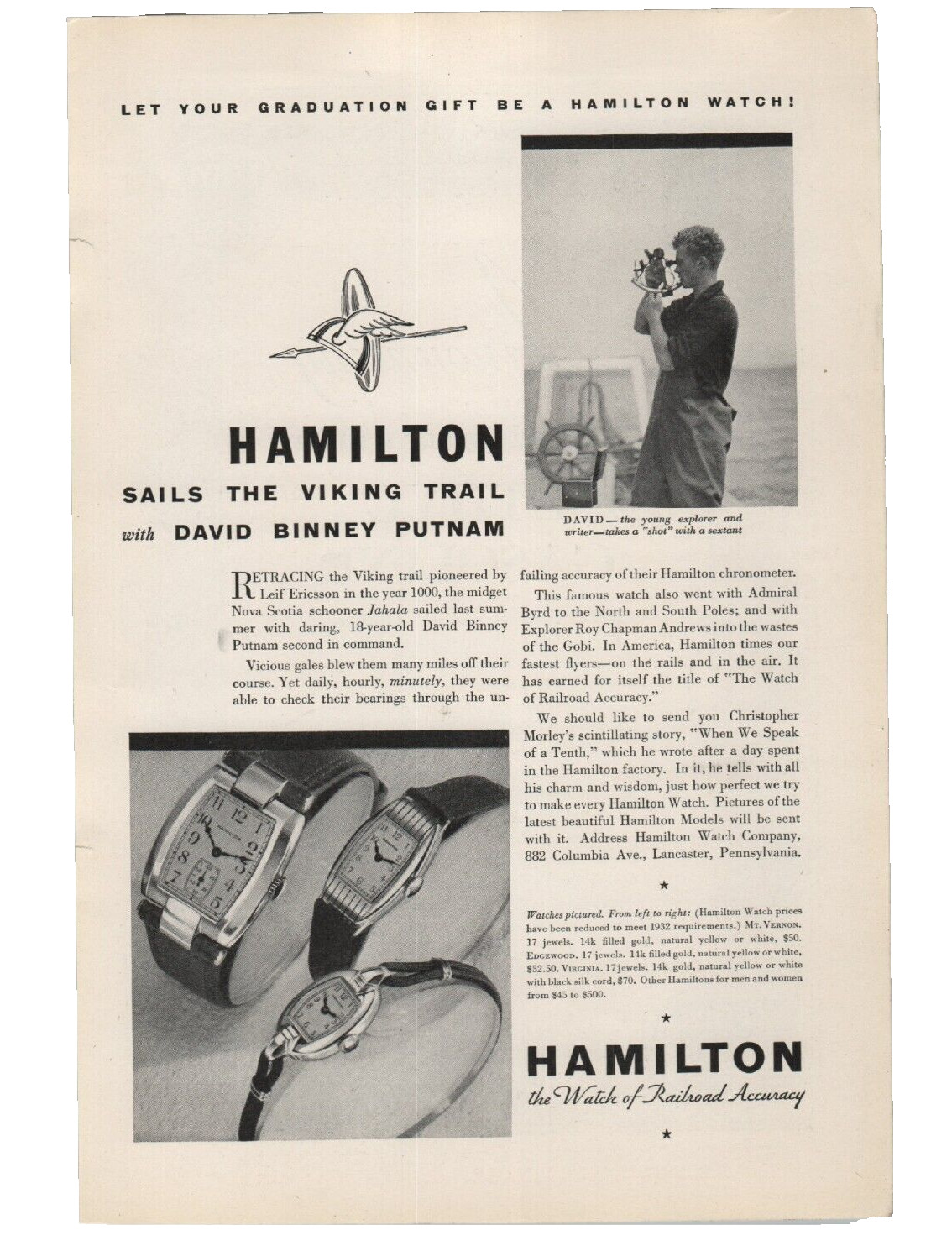 Vintage Hamilton Watch Print Ad 1932 David Binney Putnam Sails The Viking Trail Vintage Hamilton Watch Print Ad 1932 David Binney Putnam Sails The Viking Trail
