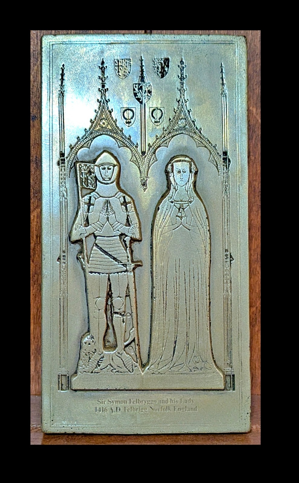 Vintage English Medieval Monumental Brass Reproduction Plaque Sir Simon & Lady F
