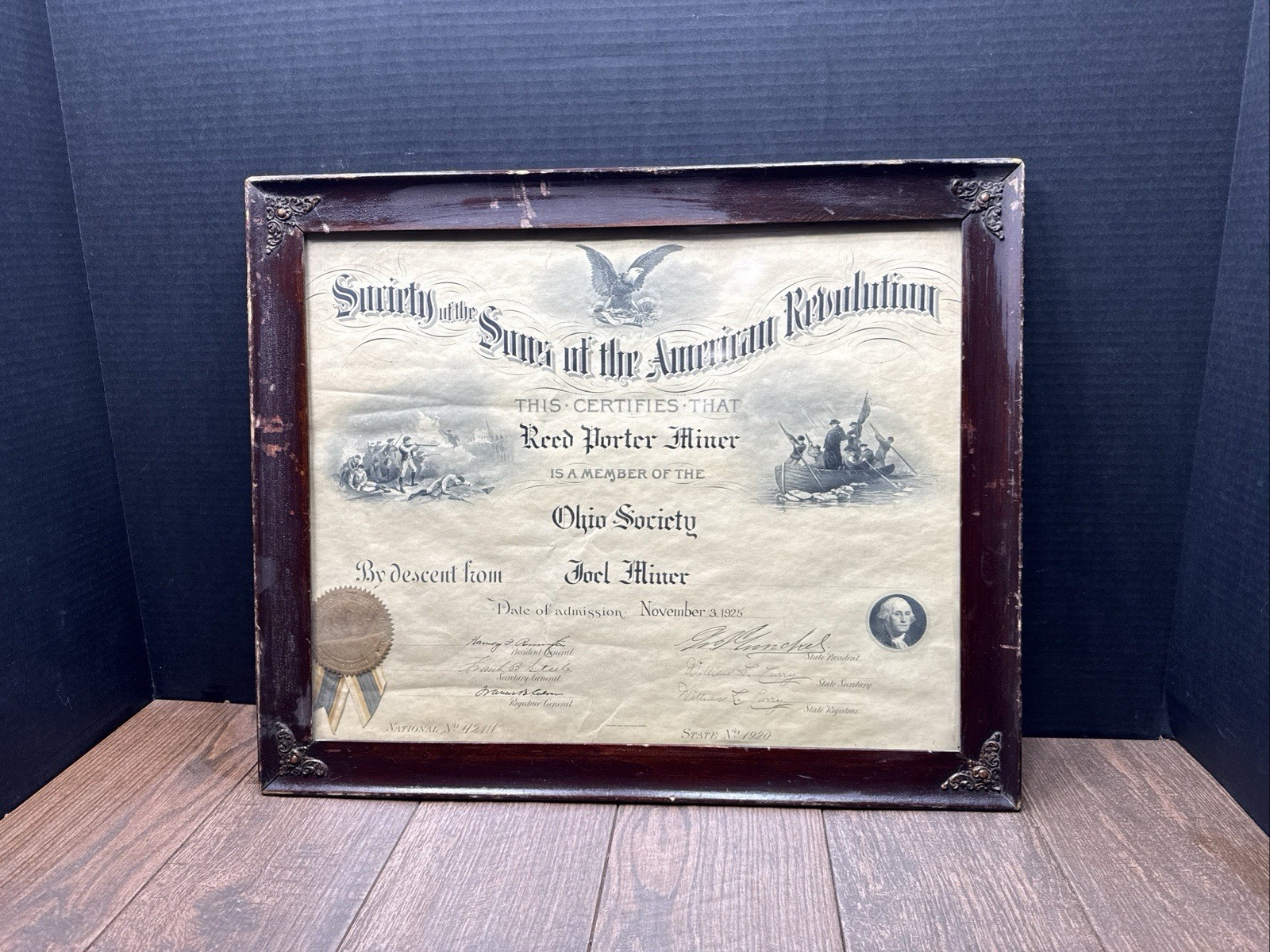 RARE Antique Sons of the American Revolution Framed Certificate 1925