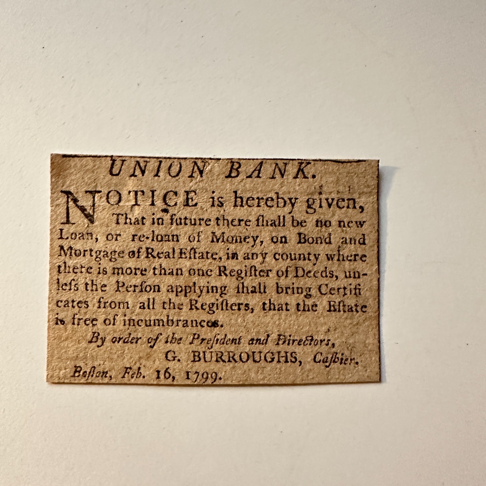 Union Bank No New Loan Or Re-Loan 1799 G Burroughs Boston 1799 Clipping 5AK9-S6 Union Bank No New Loan Or Re-Loan 1799 G Burroughs Boston 1799 Clipping 5AK9-S6