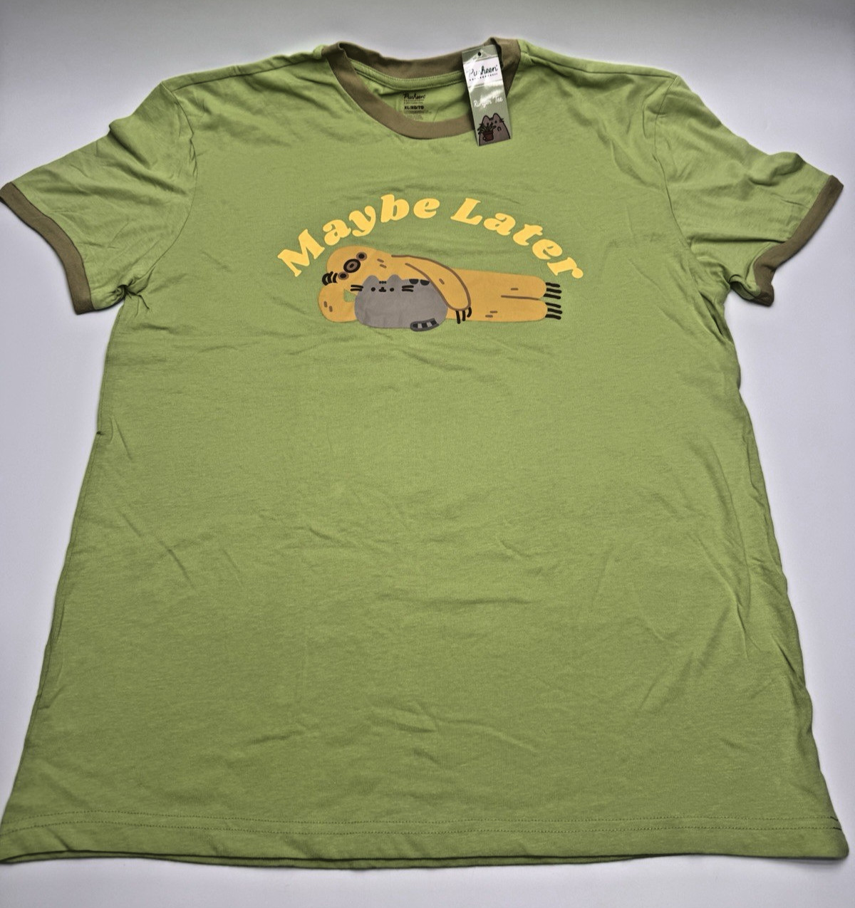 Pusheen Green Cat Sloth Maybe Later Ringer Top Shirt XL Spring 2022 Exclusive Pusheen Green Cat Sloth Maybe Later Ringer Top Shirt XL Spring 2022 Exclusive