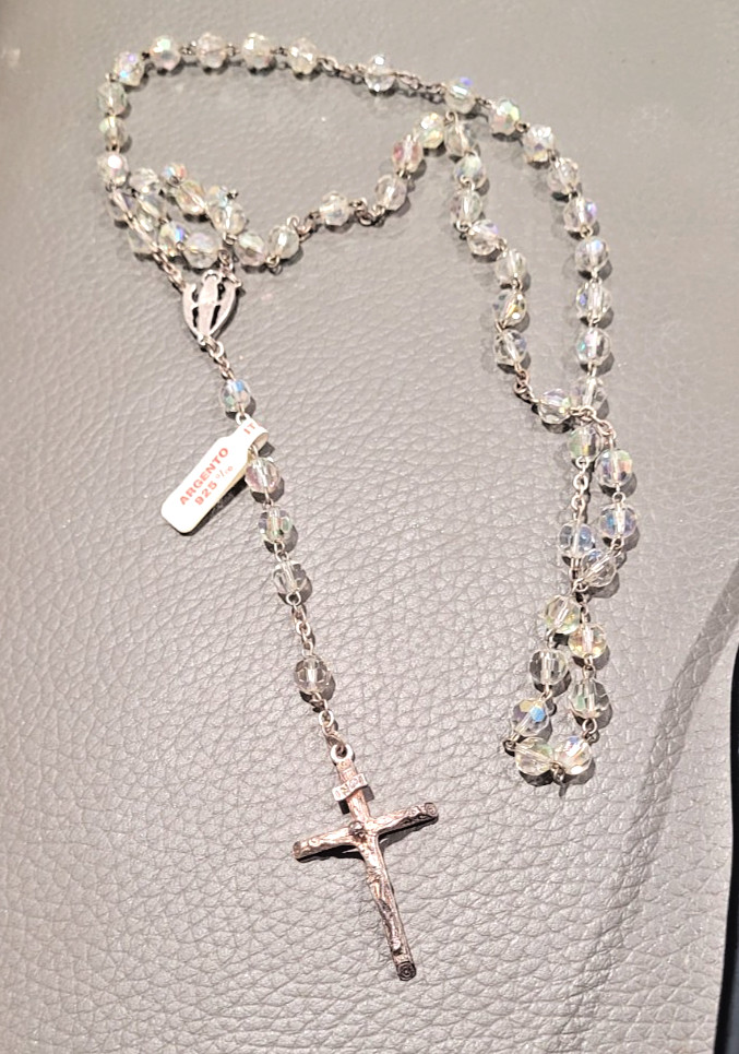 Vintage Italian Sterling Silver 925 Faceted Crystal Rosary AB Catholic Cross Vintage Italian Sterling Silver 925 Faceted Crystal Rosary AB Catholic Cross