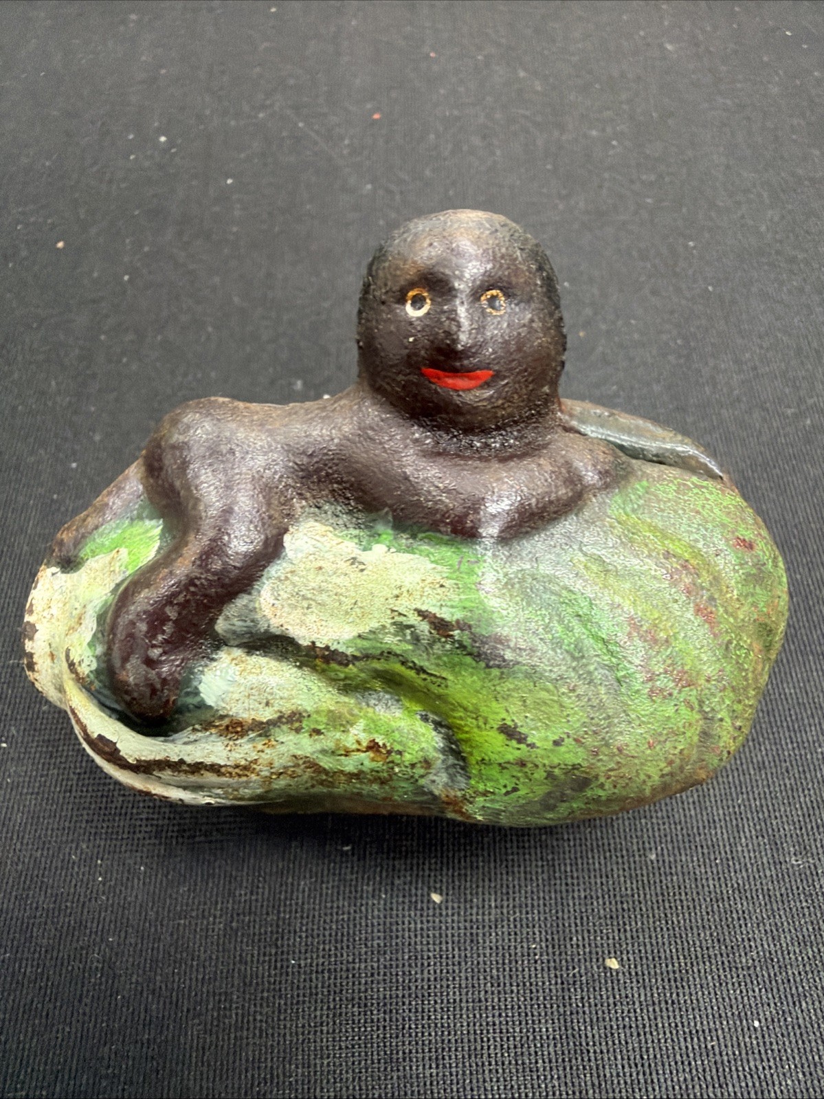 Cast Iron Character Piggy Bank with Watermelon Motif. 1930s Antique
