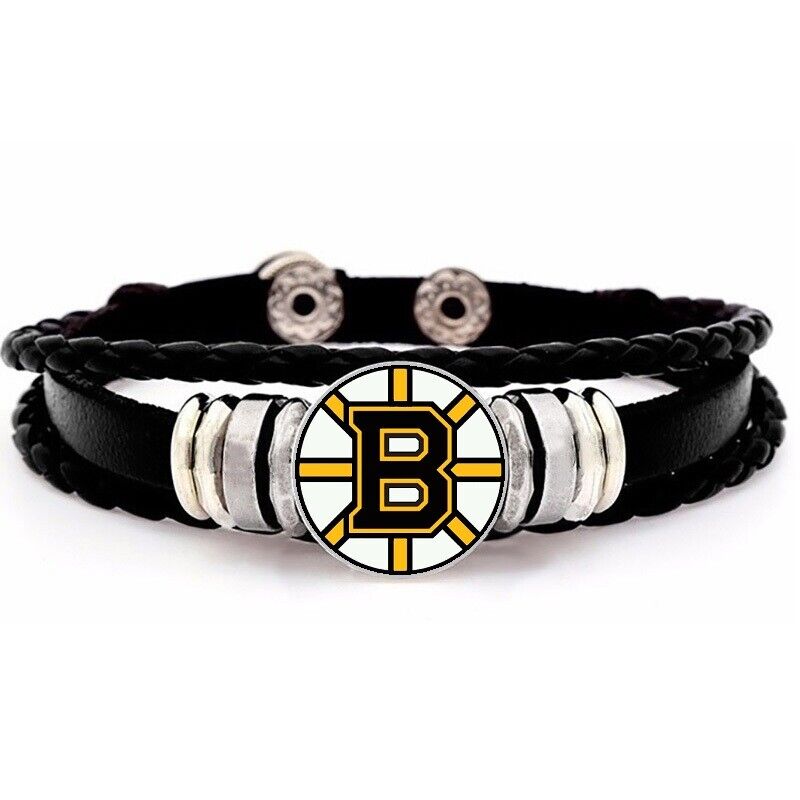 Boston Bruins Mens Womens Black Leather Adjust. Bracelet D14